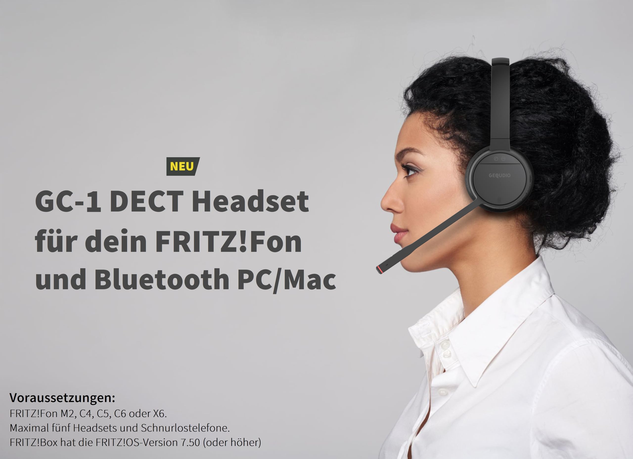 GEQUDIO GC-1 DECT & Bluetooth Headset für AVM FritzBox - Kabellose Anrufsteuerung am FritzFon - Mono Kopfhörer für PC & Smartphone - HD Audio, Schwarz/Grau