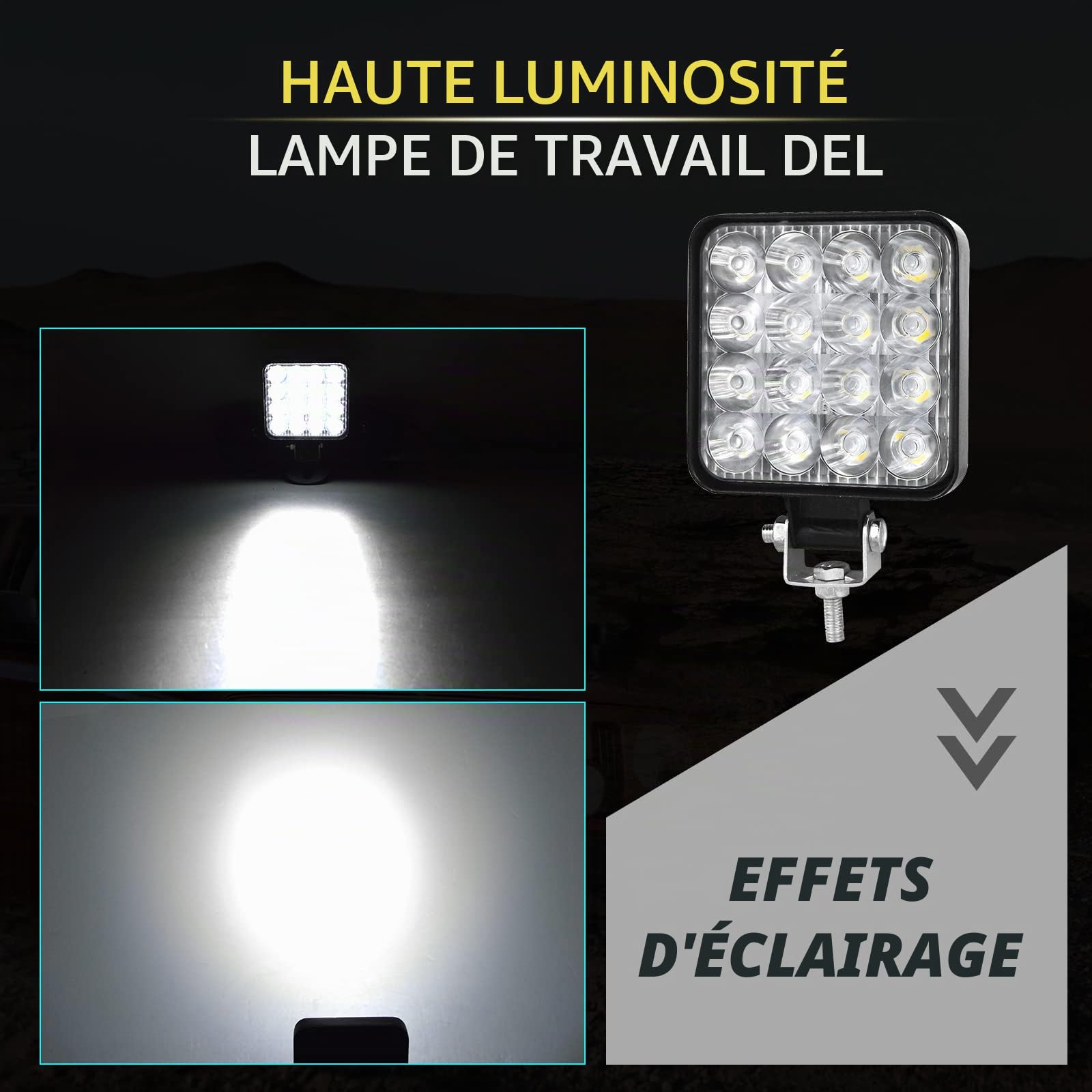PICAA Phare de Travail LED, 4 PCS 3.3 Pouces Mini 48W Spot Projecteur LED | longue portée, Carré,Feux de Travail, 12V 24V, hors route pour Voiture 4x4 Truck ATV SUV Camion Tracteur Moto