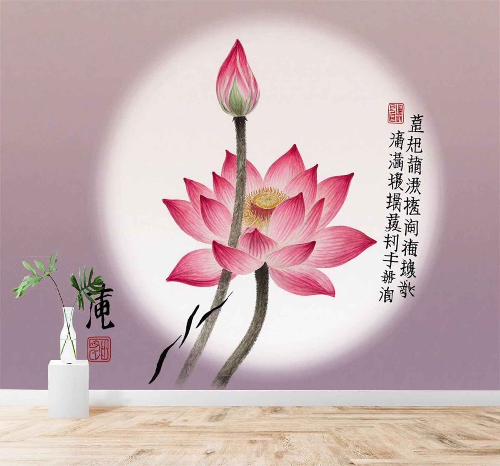 Xlming 150Cm×105Cm(B×H) Soft Hand Drawn Pink Lotus Ink Wash Calligraphy 3D Wallpaper Silky Texture Home Study Office Grey Dining Room Sofa Bedroom Living Room Tv Backdrop-150Cm×105Cm