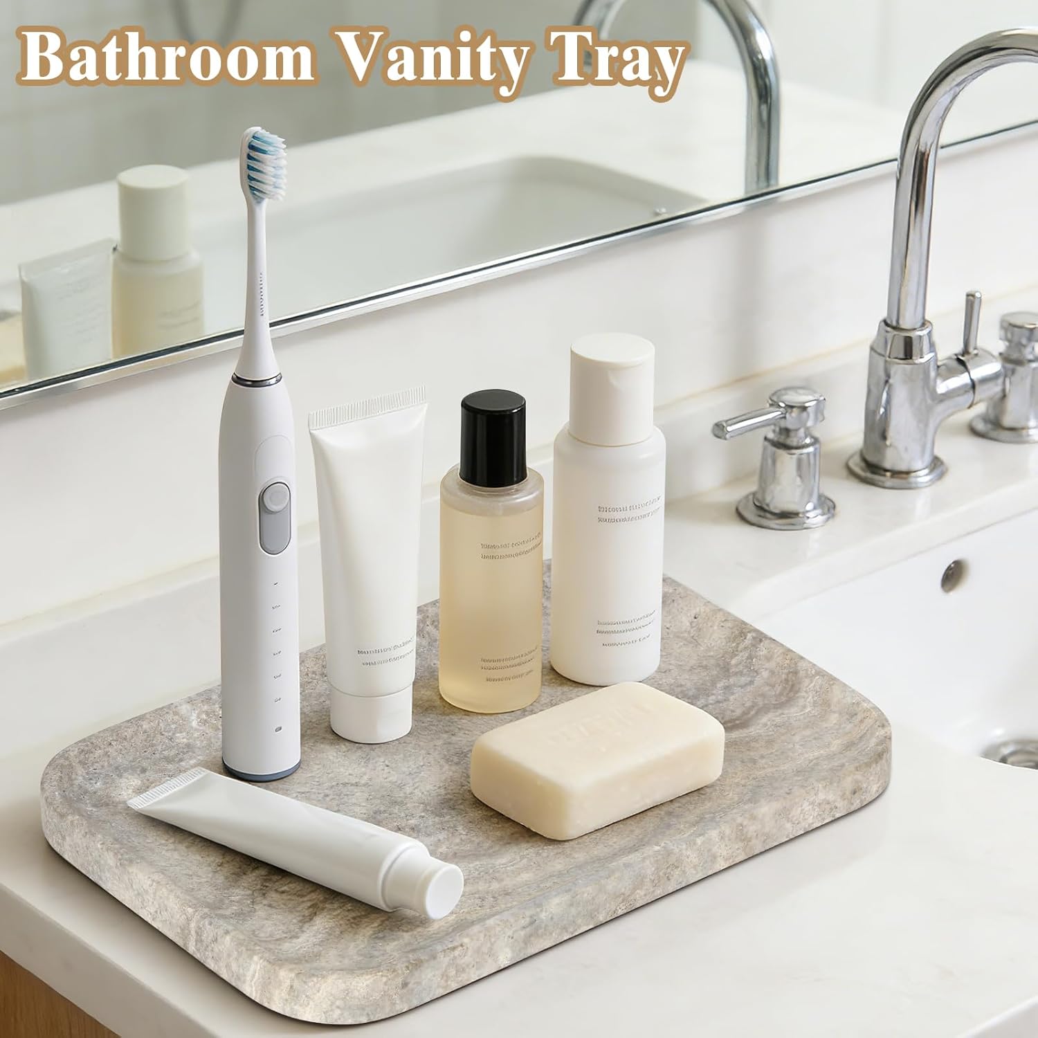 Natural Travertine Vanity Tray - Decorative Stone Marble Tray for Bathroom Countertop, Elegant Organizer for Home Decor, Jewelry, Candle, Makeup, Kitchen and Dresser Decor