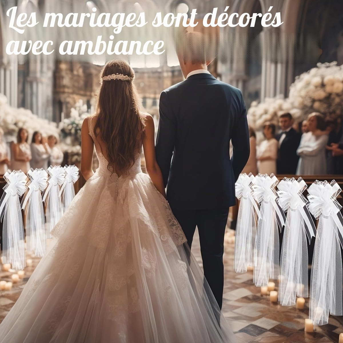 Lot de 12 nœuds de mariage avec queues en tulle - Blanc - Long nœud de chaise - Décoration de mariage - Pour fête de mariage