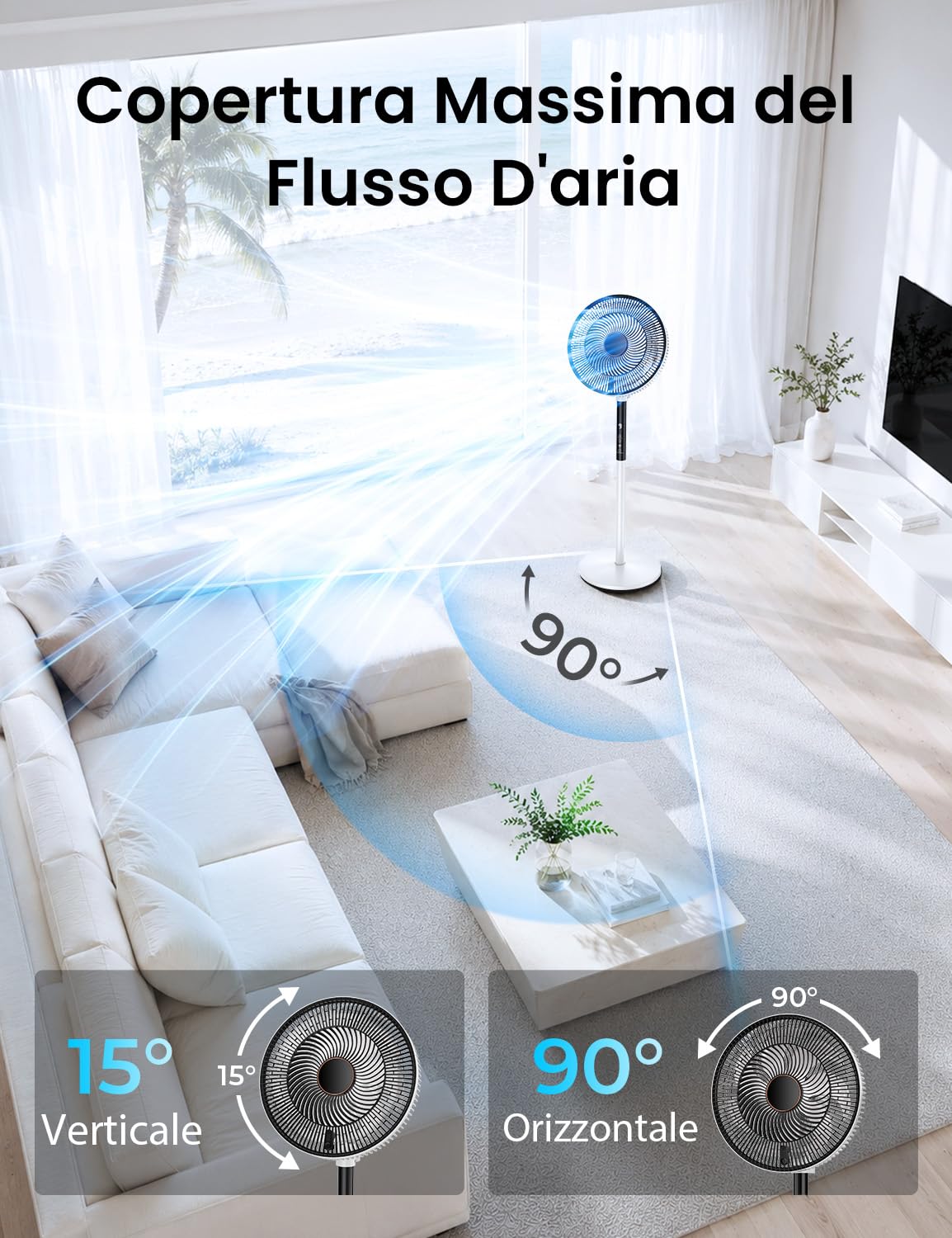 Rintea Ventilatore a Piantana, 22W, 9 Velocità Ventilatore Silenzioso con Telecomando,Oscillazione 90°, 4 Modalità, Flusso d'Aria Potente, Altezza Regolabile, Ideale per Casa e Ufficio