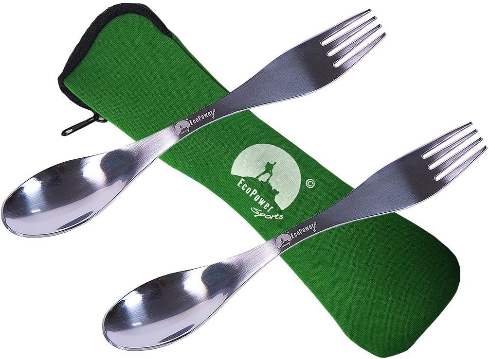 STAINLESS STEEL SPORKS, Set of SPORKS & 1 HYGIENE POUCH, Eco-friendly, Ergonomic and Very Strong SPORK. An Essential Camping Utensil, The Perfect Bushcraft Cutlery, SpoonFork Combo Steel