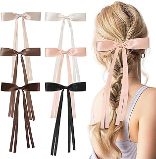 6PCS Bow Hair Clips, Ribbon Hair Clips for Women & Girls, Cute Hair Clips Bows, Solid Hair Bow Clips for Female Thick Thin Hair, Bow Clips Long Hair Accessories, Hair Bows Barrette Hairpin with Long Tail, Hair Claw Clips With Bow, Ideal Gifts for Wedding Party Favors Bridesmaid Proposal