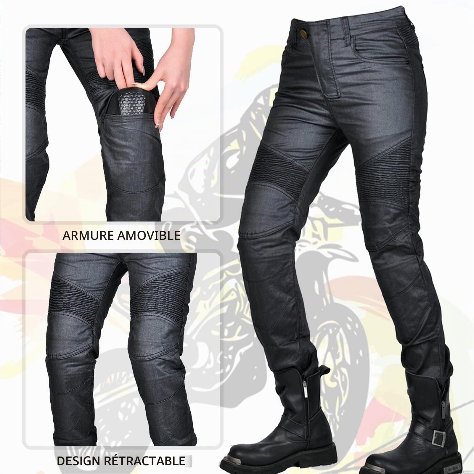 Jeans de Moto pour Femme, Pantalon en Jean avec Revêtement Imperméable et Protections, Pantalon d'Hiver à Coupe Ajustée avec 4 Coussinets de Protection