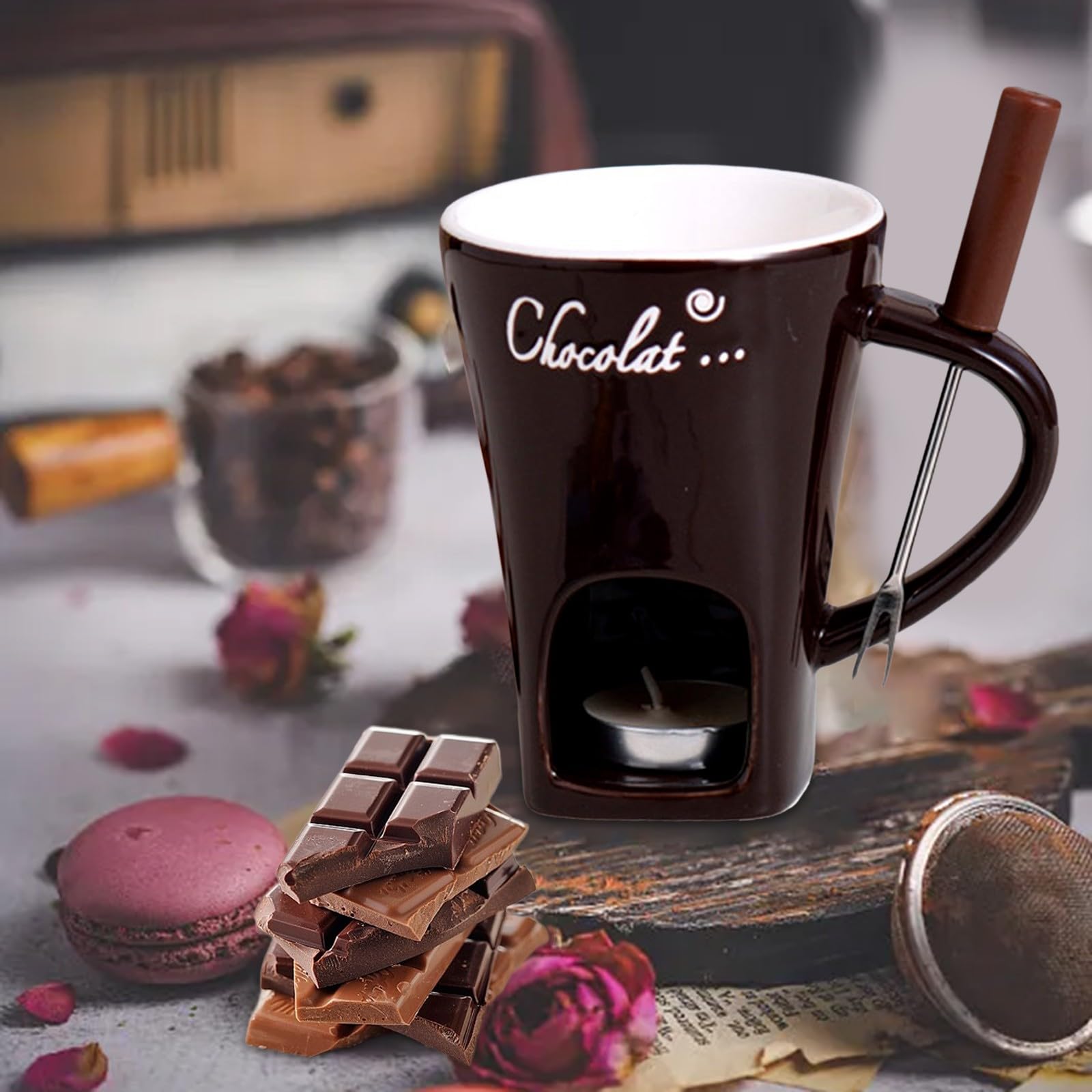 Schokoladenfonduetasse mit Gabel und Pinseln, Schokoladenschmelzbecher, ohne Teelichter, Fonduetassen, ideales Geschenk für Date, Nacht, Geburtstag, Hochzeit, Geschenke (schwarz)