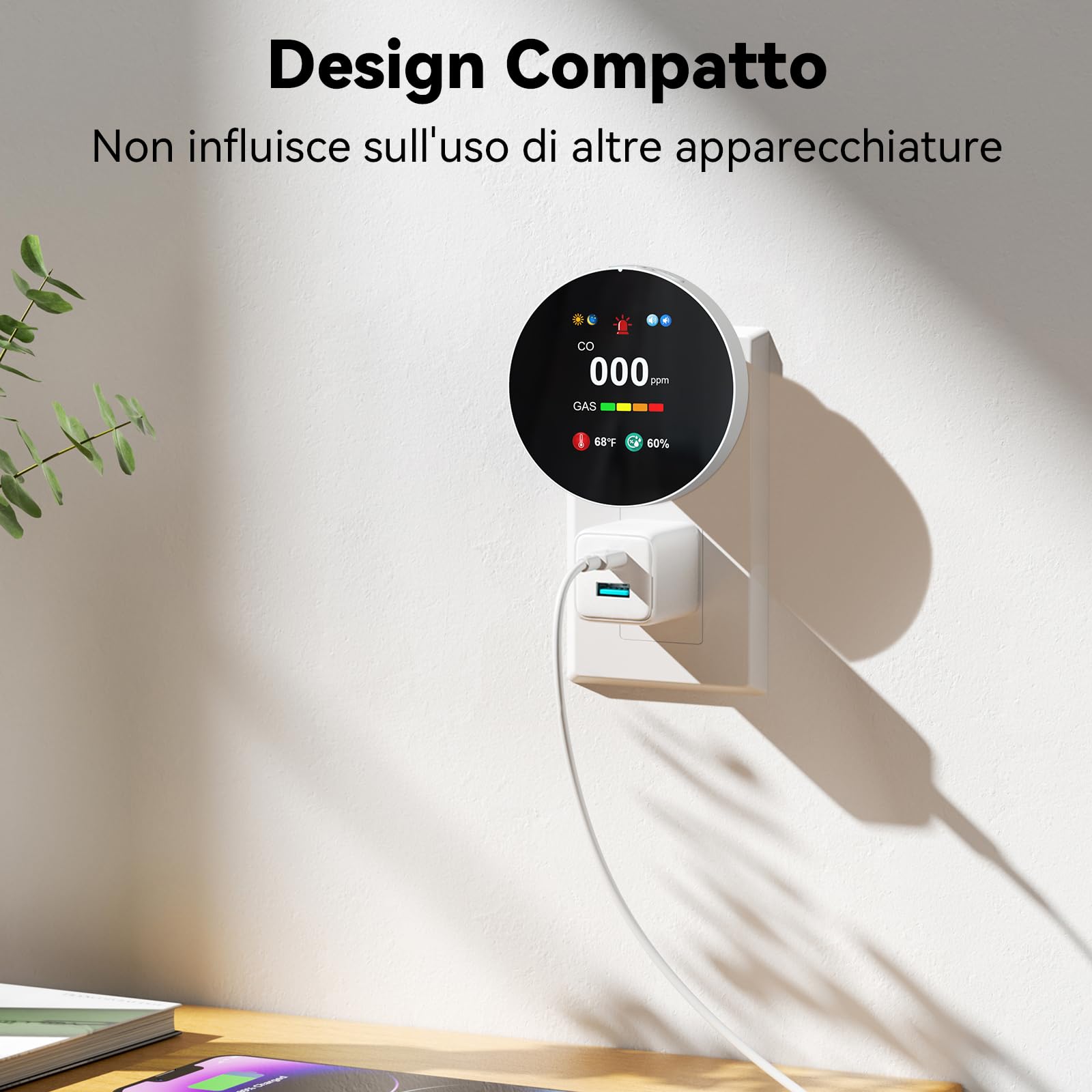 4-in-1 Rilevatore Gas e Monossido di Carbonio Plug-in, Allarme di CO con Regolazione Luminosità Schermo, Rivelatore di Naturale Gas, Bianco