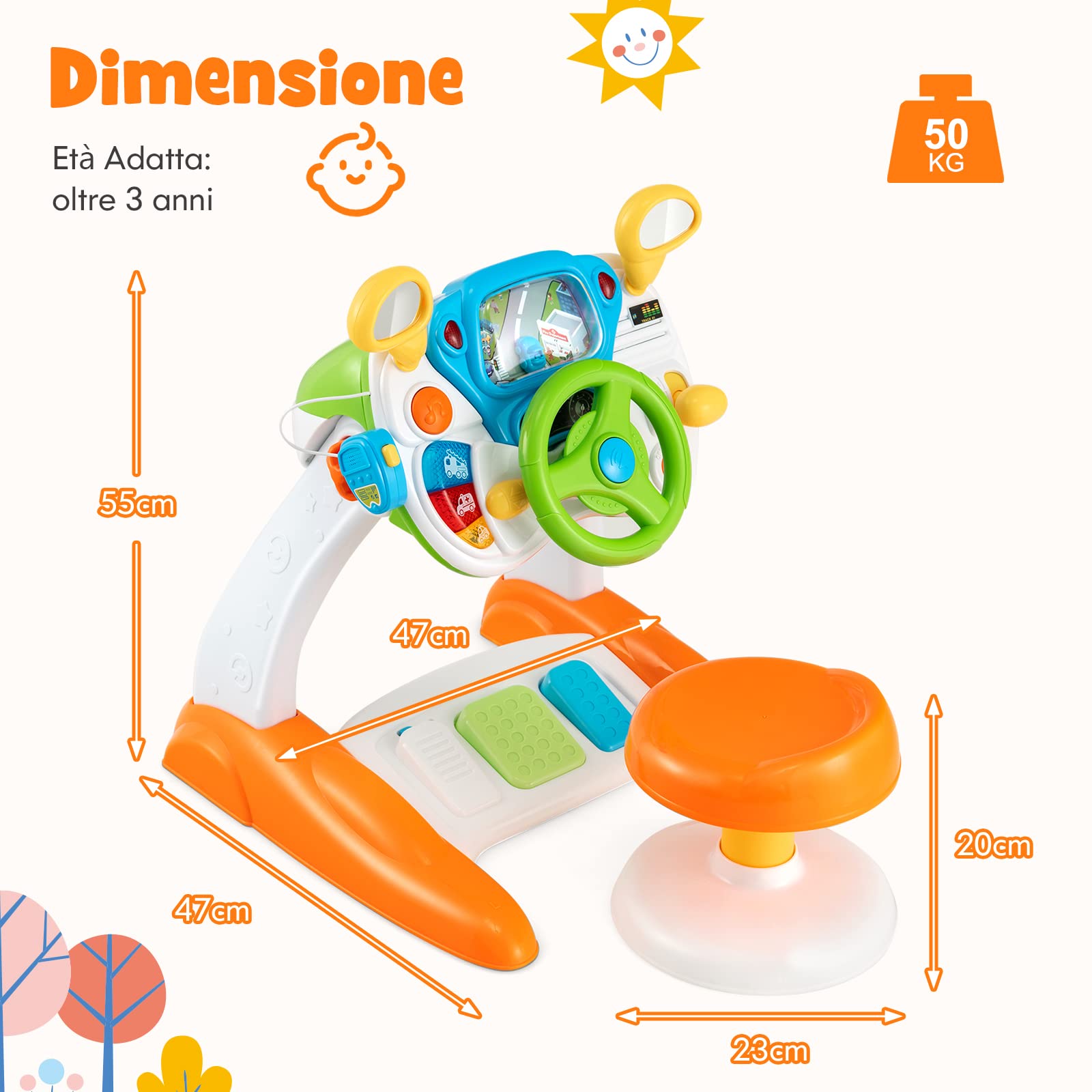 COSTWAY Volante per Bambini Educativa, Simulazione Volante di Guida Giocattolo con Sgabello, Luce Musica, Giocattoli Musicali per la Prima Educazione, Regalo per Bambini