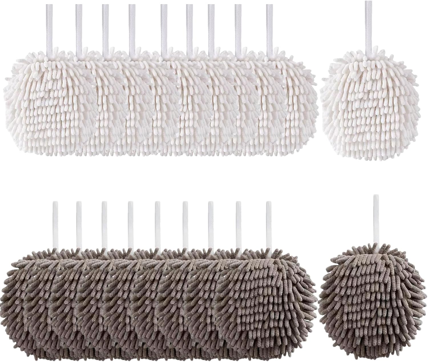 20-Pack Fuzzy Ball Hand Towel 7.1 Inch Soft Absorbent Microfiber Super Fluffy Chenille Ball Towels for Bathroom, Quick Dry Towel with Loop Hanging (10Each White and Grey)