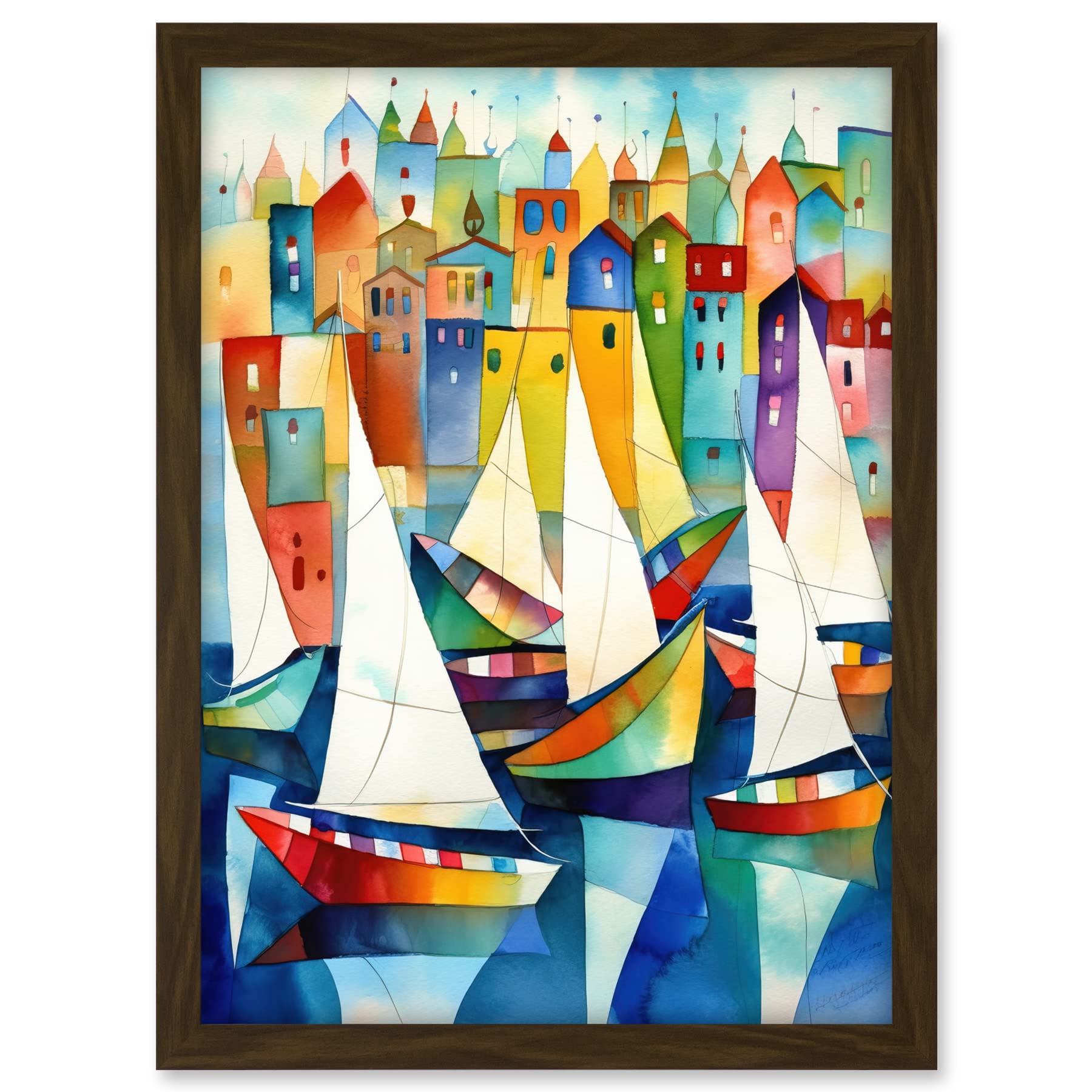 Artery8 Harbour Boats Folk Art Watercolour Painting Artwork Framed A3 Wall Art Print