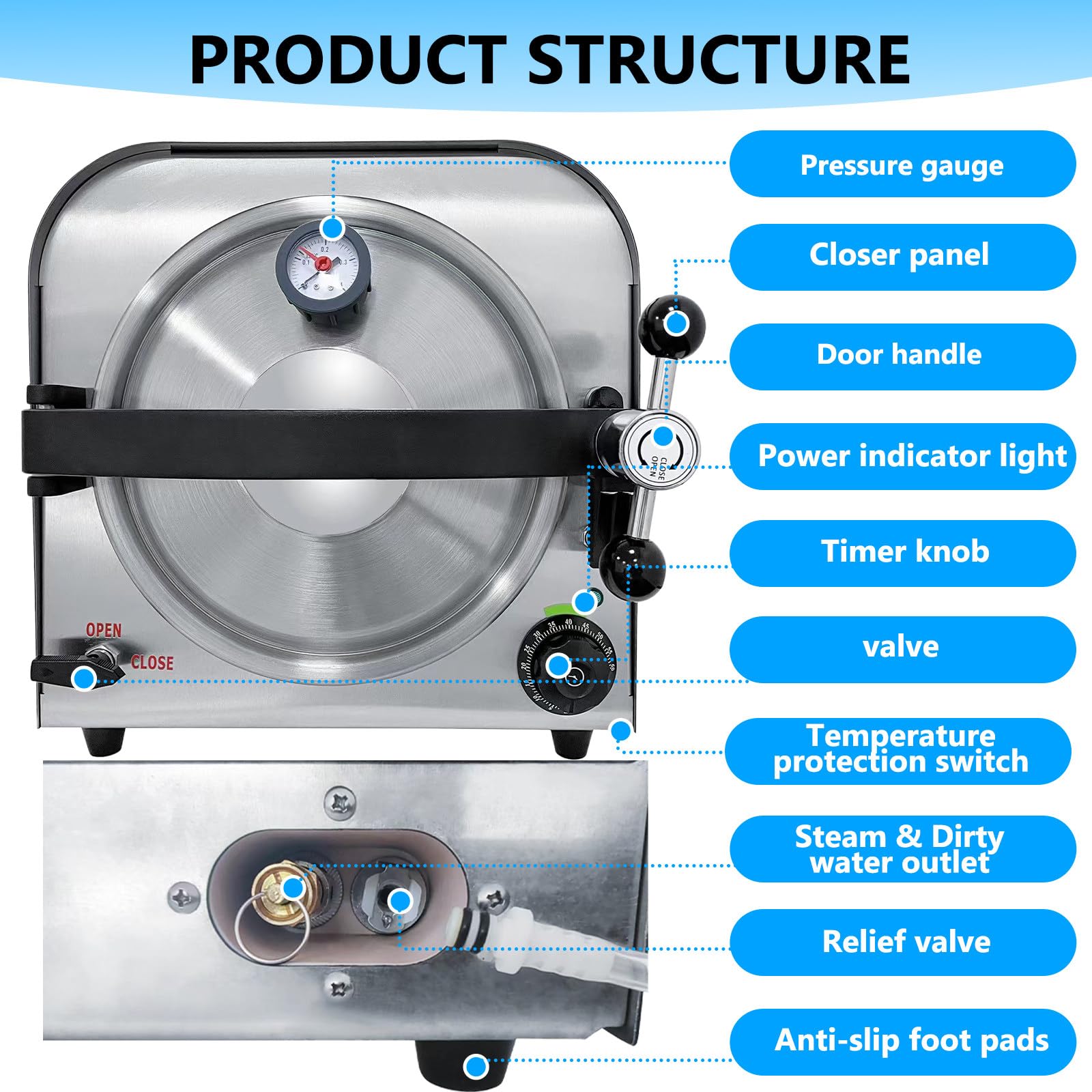 New Dental Steam Autoclave Sterilizer, dell'Acciaio Inossidabile di Controllo Digitale, con Display LCD Sterilizzatore A Vapore Ad Alta, per Gli Strumenti Dentali 14L-900W