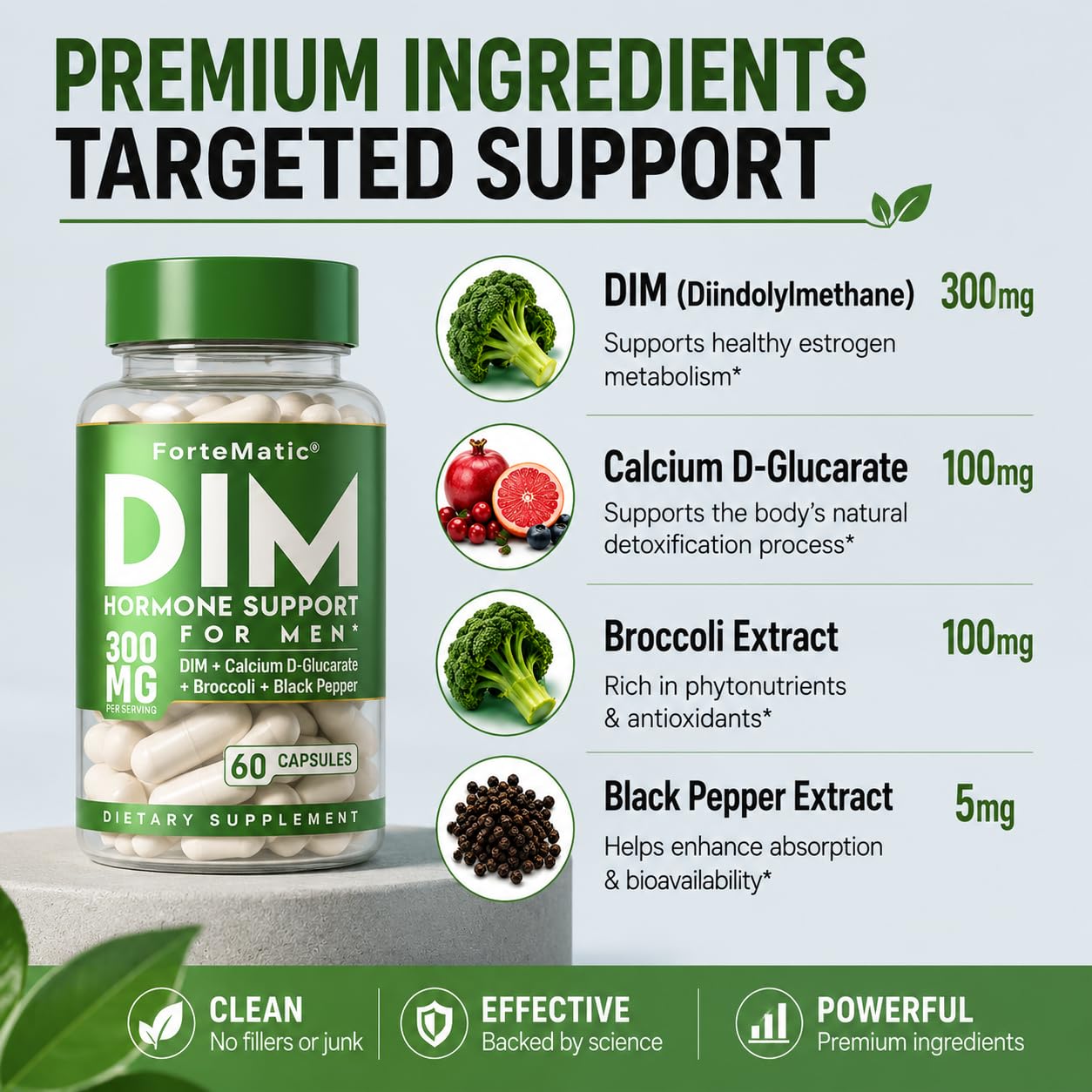 DIM Supplement for Men 300mg with Calcium D-Glucarate, Sulforaphane & Broccoli Extract – Hormone Balance & Estrogen Metabolism Support, Men’s Fitness & Vitality, Gluten Free, 60 Capsules — Amazon image 3