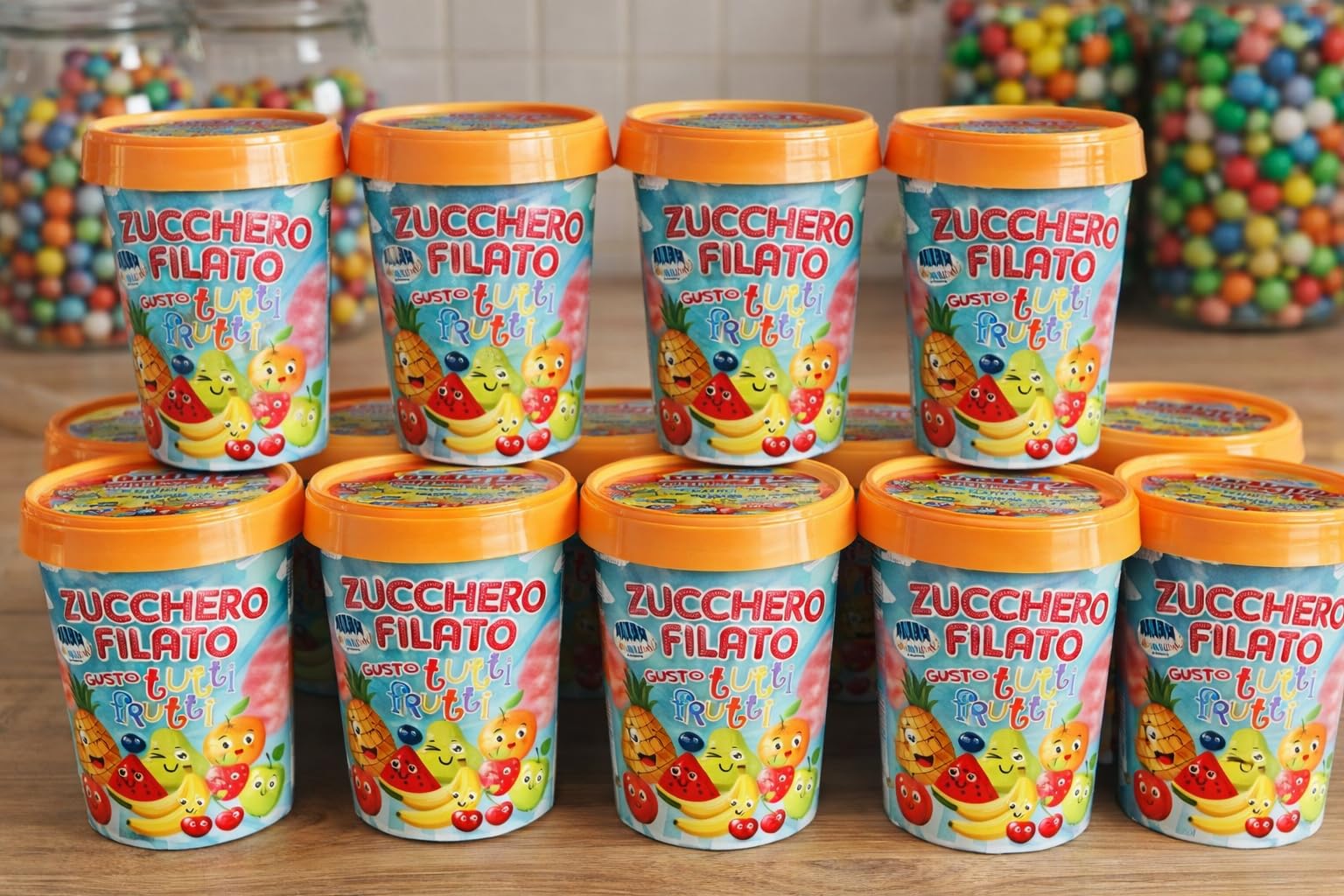 Zucchero Filato Arcobaleno Tutti Frutti Barattolo 40 g Confezione da 12 Pezzi Dolce Colorato per Feste Compleanni Eventi Bambini Buffet e Party