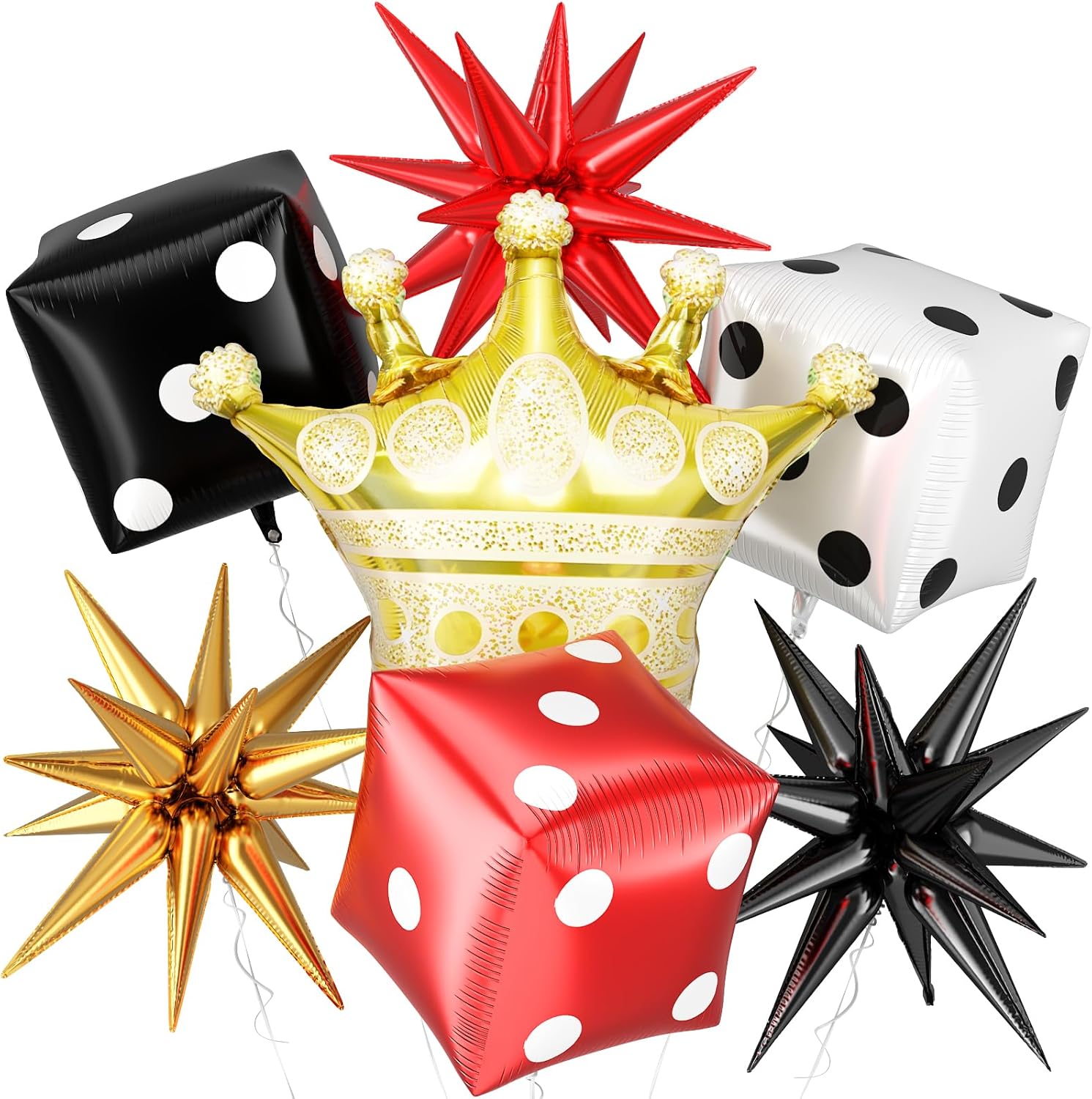 Casino Theme Party Decorations Set, 7 Pcs Large Dice and Crown Star Foil Balloons, Red Black Gold Dice Crown Spike Cone Balloons for Las Vegas Poker Game Night Magic Show Birthday Prom Party Supplies
