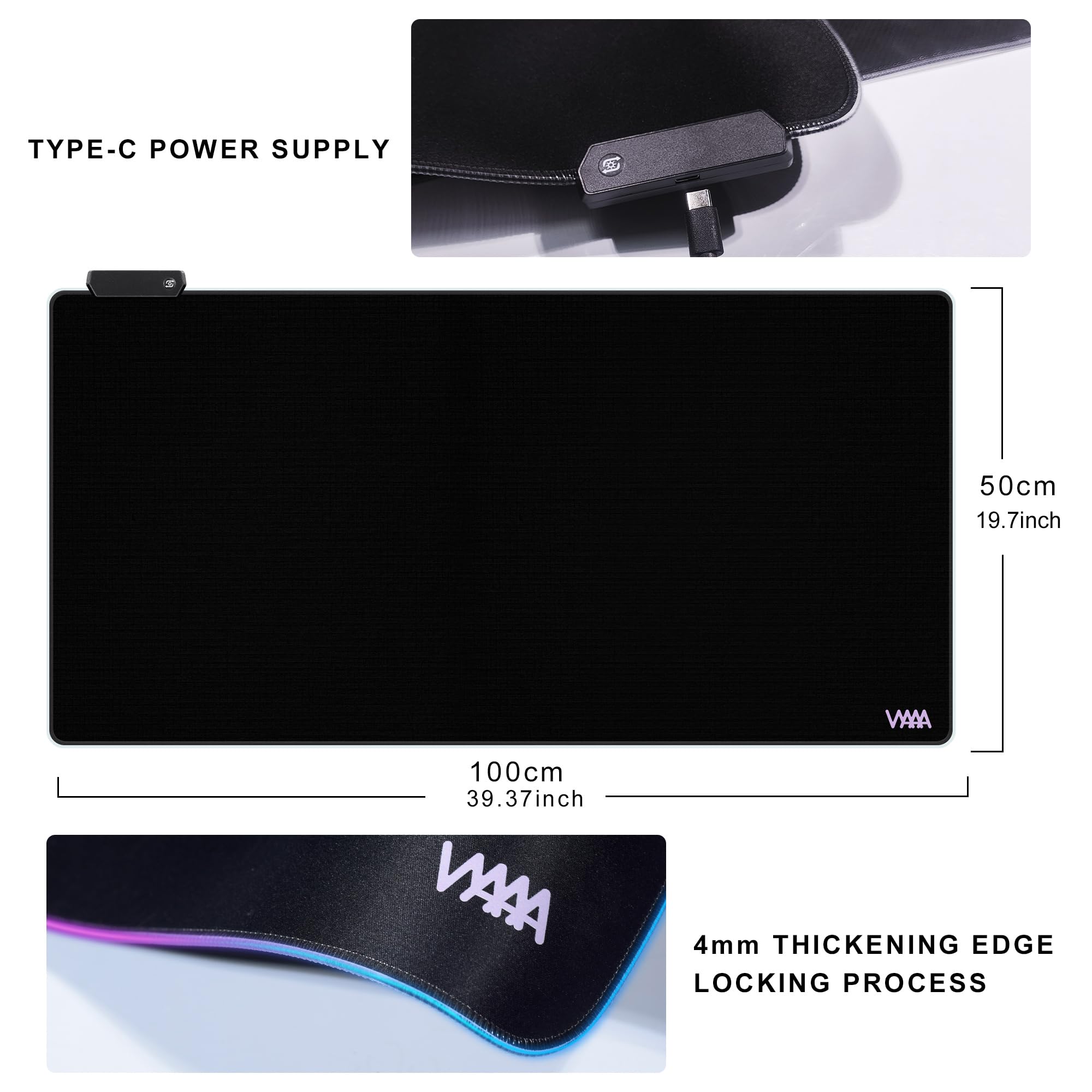 Vyaaa Tapis de souris de jeu RVB de 101,6 x 50,8 cm, tapis de bureau XXL LED avec 9 modes d'éclairage, surface lisse et base en caoutchouc antidérapant pour jeux/bureau/maison (noir)