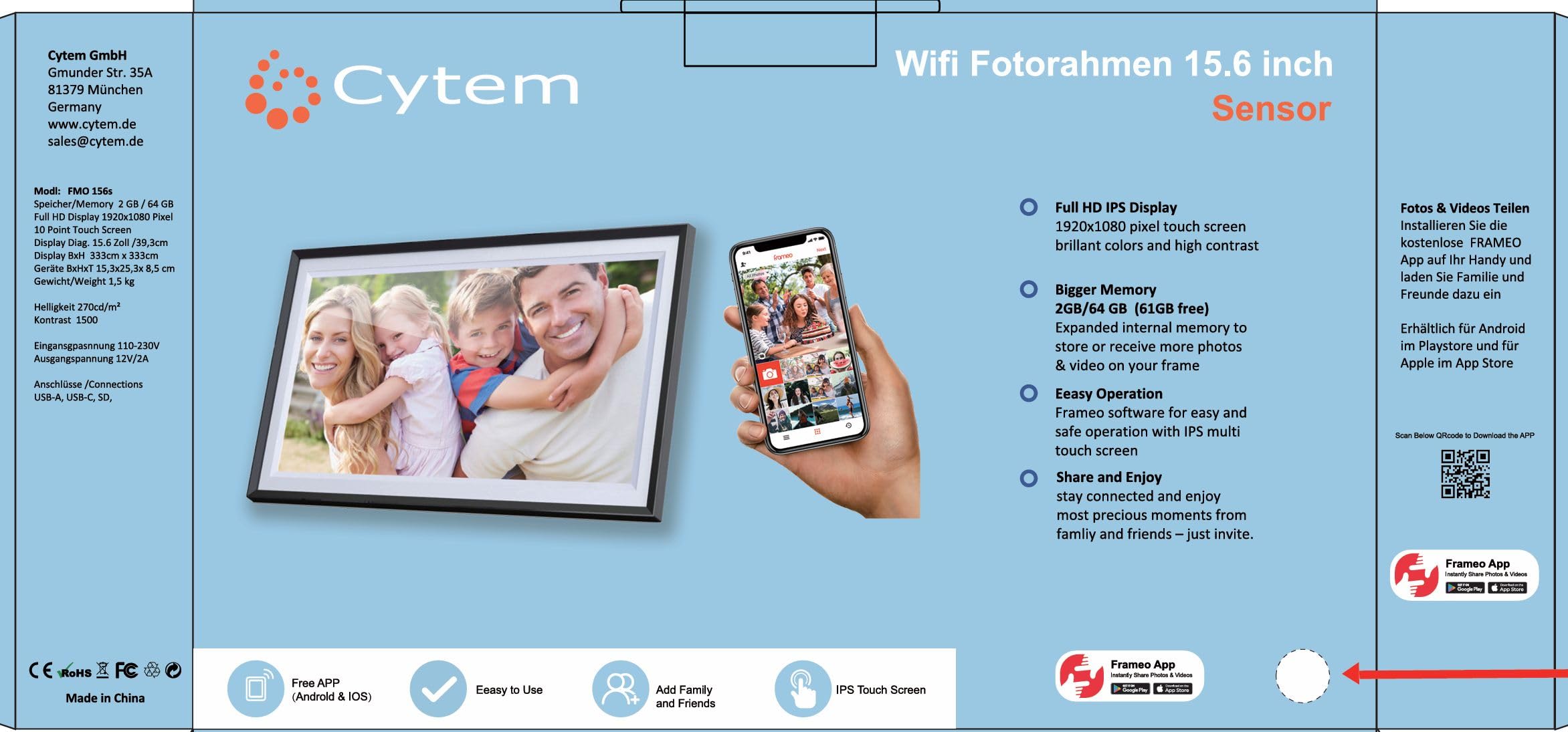 Cytem Digitaler Bilderrahmen 15.6 Zoll mit WLAN & Frameo App, 64GB Speicher, Bewegungssensor, automatische Bilddrehung, IPS Touchscreen 1920x1080, SchwarzWeiß
