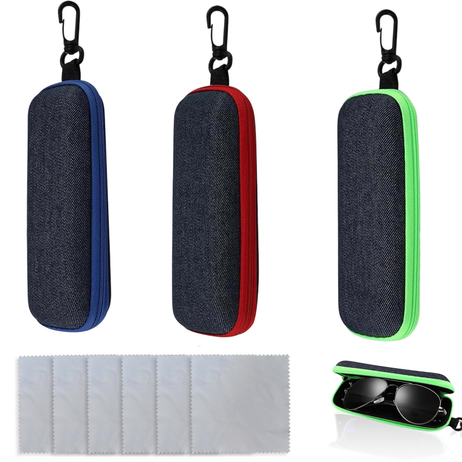 3 sztuki etui na okulary, modne przenośne etui na okulary z zamkiem błyskawicznym i karabińczykiem, w zestawie 6 ściereczek do czyszczenia z mikrofibry, pudełko na okulary, klucze i