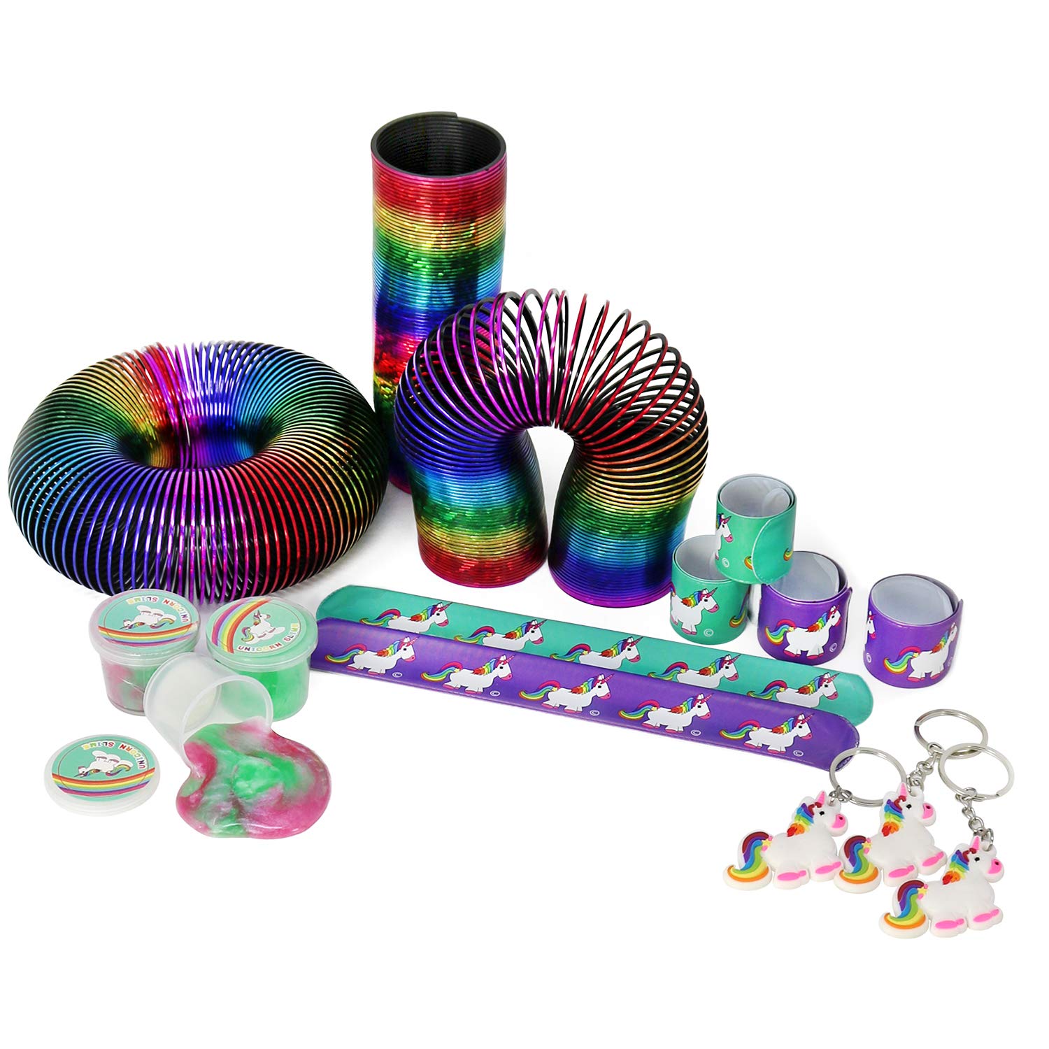 com-four 15-piece Giveaway set with unicorn motifs for children's birthdays consisting of a snap bracelet, key ring, slime and rainbow spiral (015 pieces)
