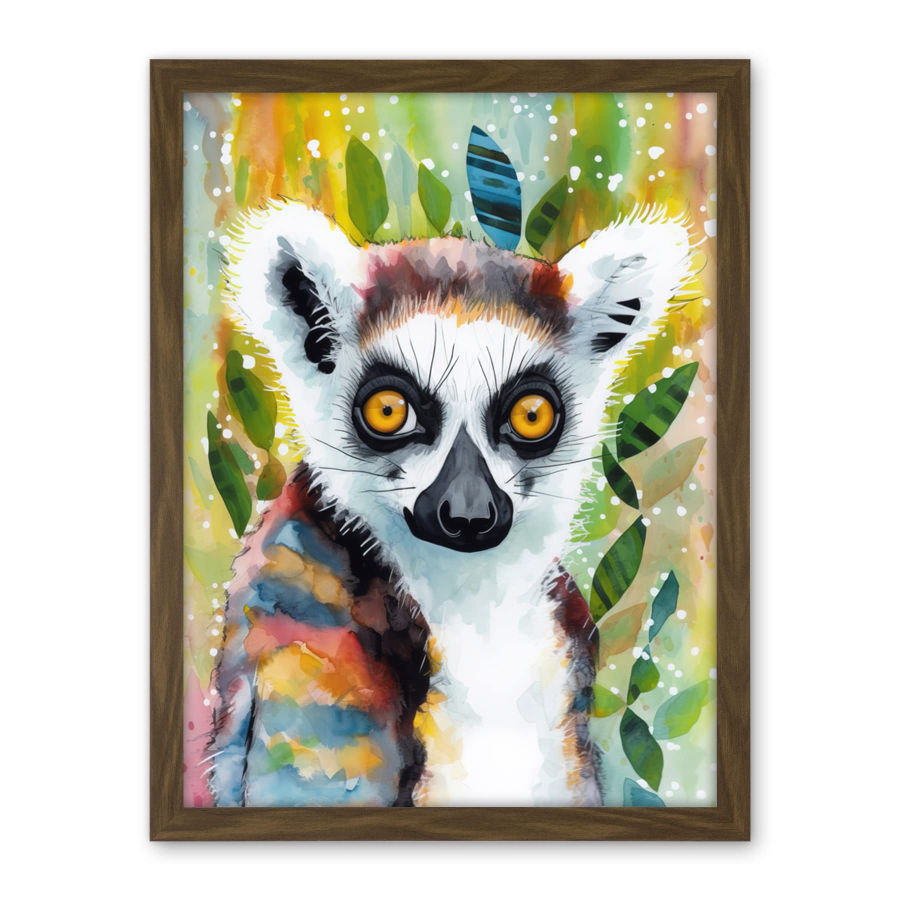 Artery8 Lemur Portrait Folk Art Watercolour Painting Artwork Framed Wall Art Print 18X24 Inch
