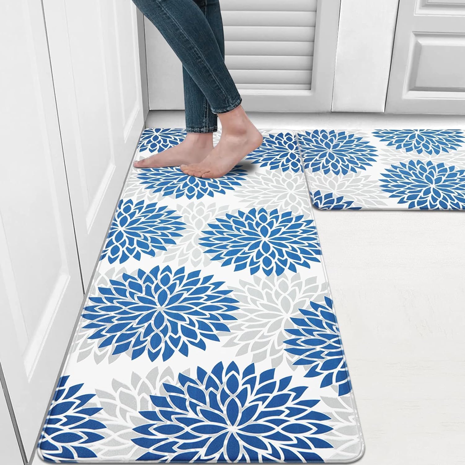 ishro home Premium Kitchen Mats for Floor | Kitchen Runner for Floor | 2 Pcs Set | Anti-Skid & Machine-Washable | (Breeze Blue)