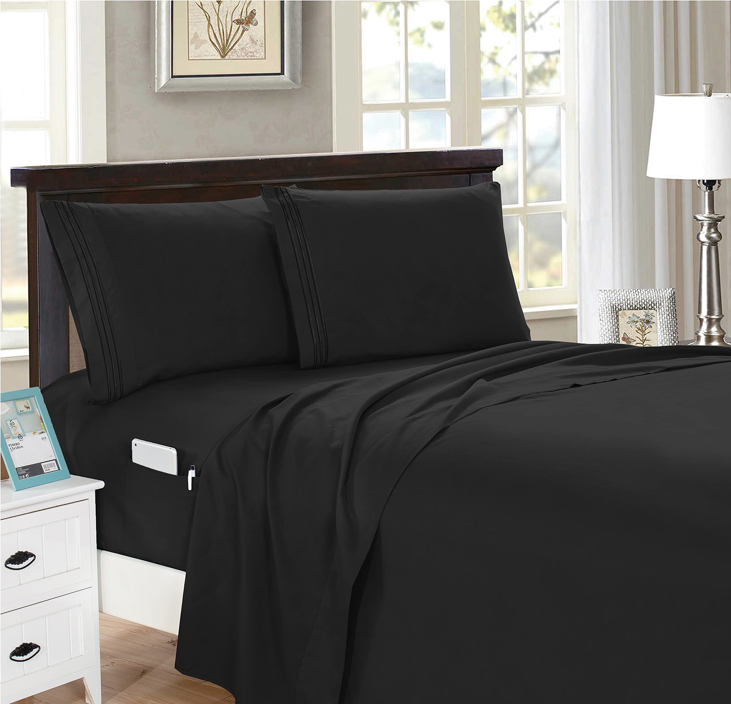 Elegant Comfort Smart-Bettlaken-Set 4-tlg. – Tiefe Spannbetttuch Mit Seitentaschen, Twin