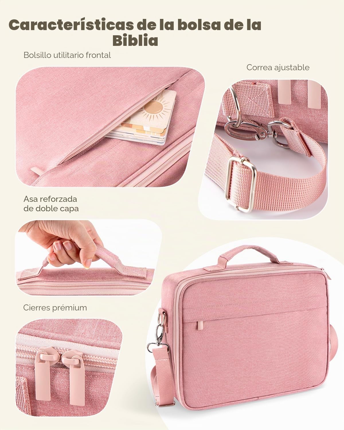 WEMATE Funda para Biblia de gran capacidad, bolsa impermeable para suministros de estudio con asa de doble capa y correa para el hombro, bolsa para mujeres, niñas, adolescentes y cristianos (rosa)