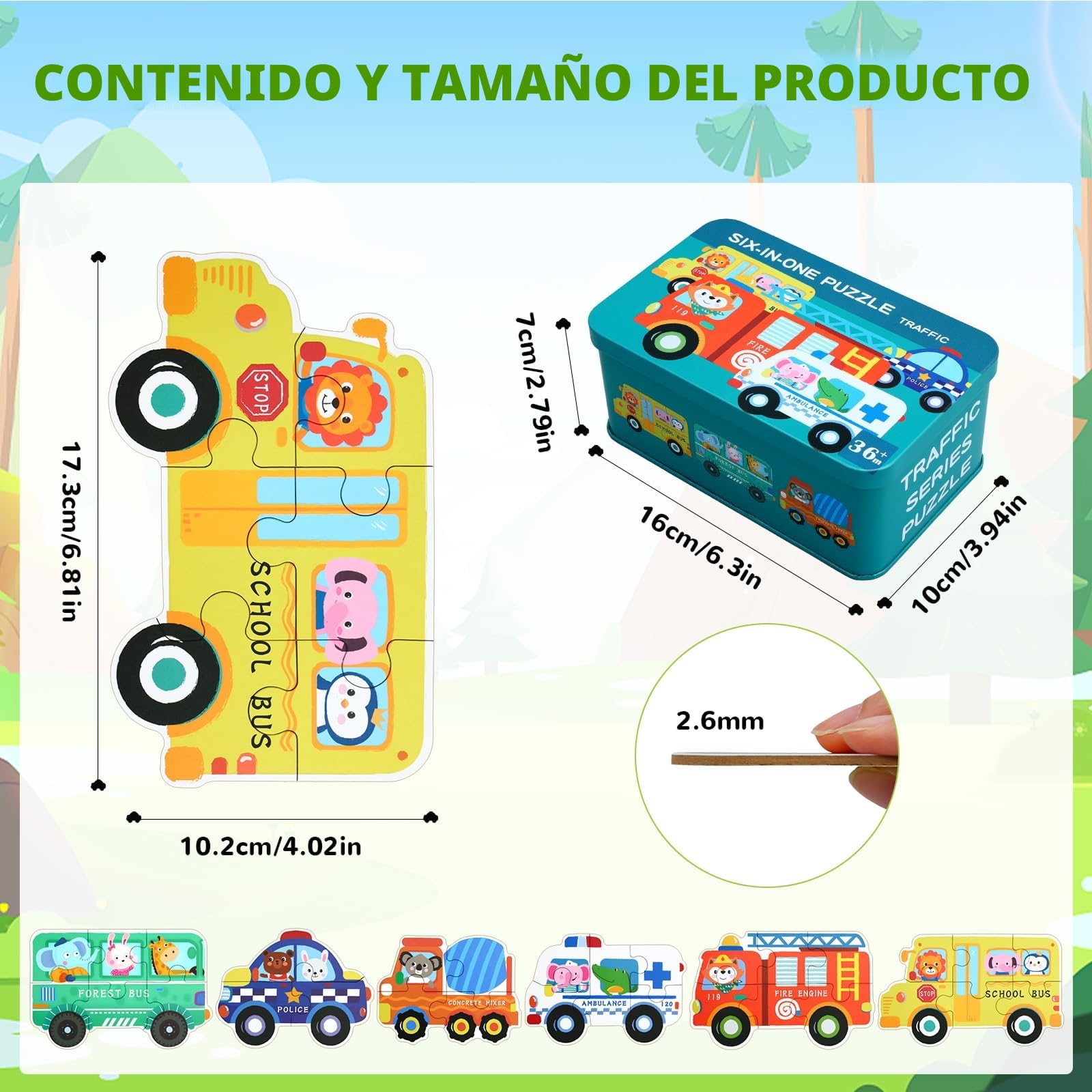 BBLIKE Puzzle 3 Años Juguetes Educativos Montessori, Puzzle Infantil 6 en 1 con Caja de Almacenamiento, Regalo para Niños 1-5 Años Conocer Animales y Automóviles, Juegos Didácticos Preescolar (Bus)