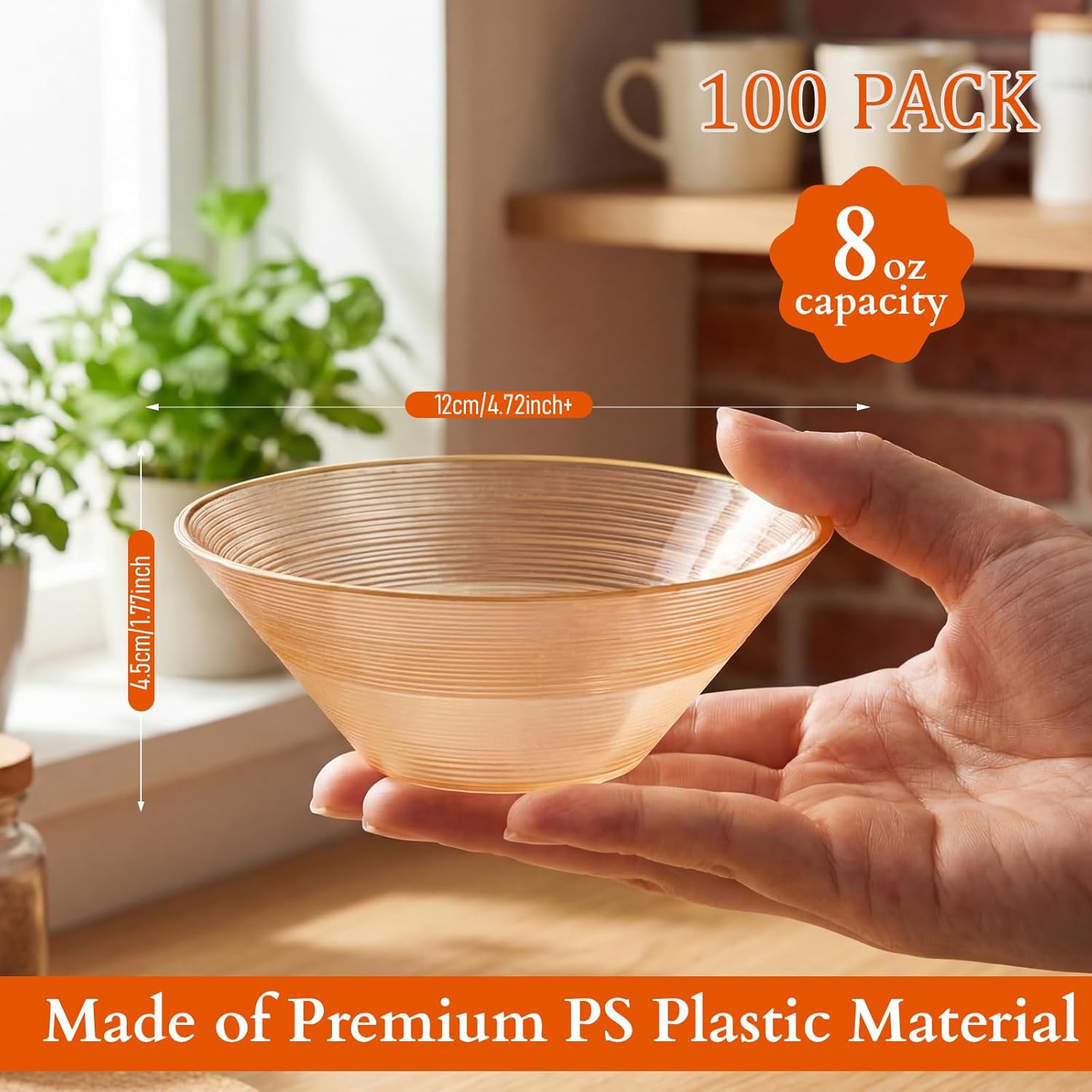Jingmore 100 Pcs 8 oz Clear Plastic Bowls with Gold Rim, Disposable Ribbed Soup/Salad/Dessert/Ice Cream Bowls for Wedding, Party, Camping, Picnic, Banquets and Events (Orange)