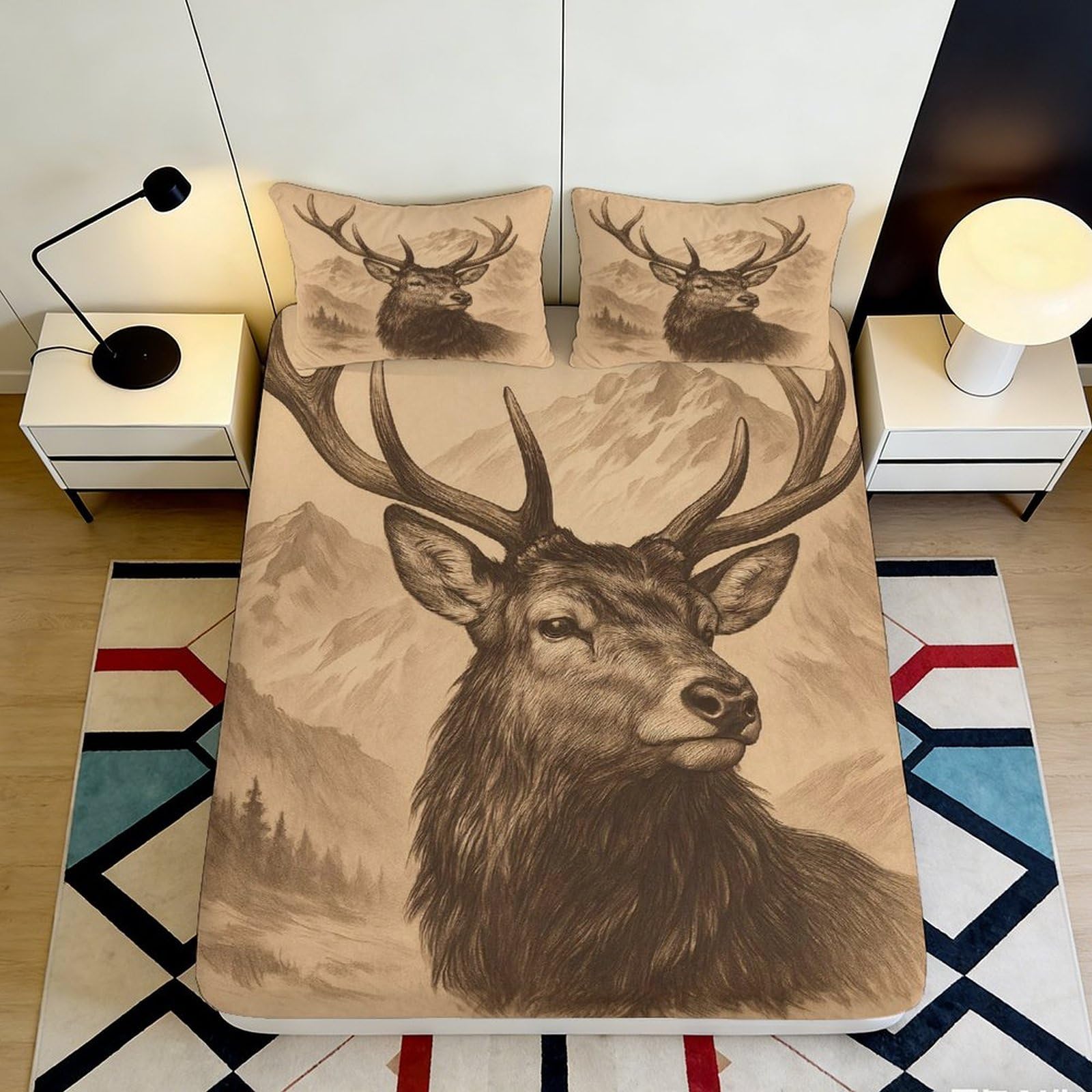 3D Printed Deer Forest Fitted Sheet Microfiber Soft Durable Mountain Elk Mattress Cover for Bedroom Guest Room Decor 90x200x25cm