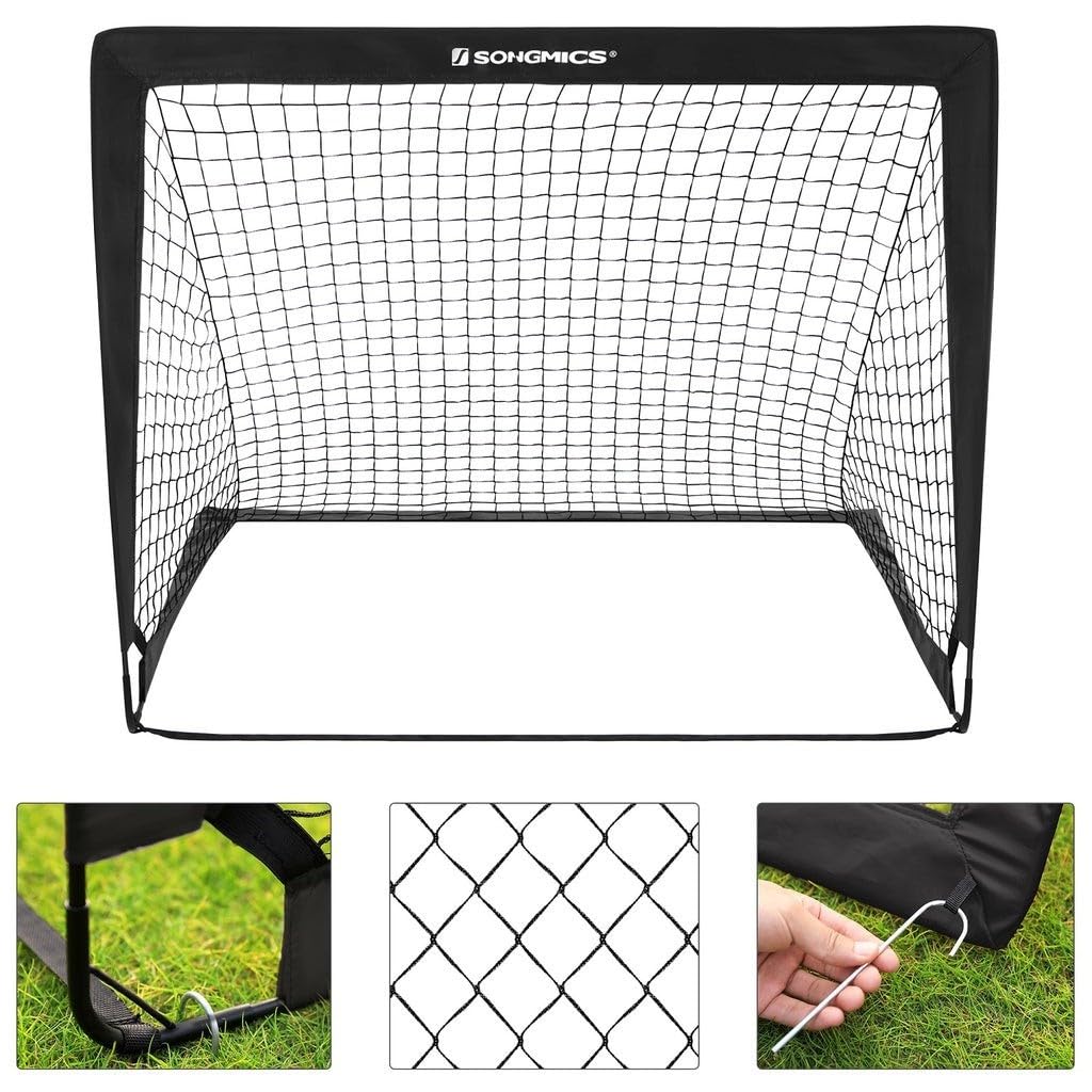 SONGMICS Set di 2 Porte da Calcio Pieghevoli per Bambini, Montaggio Veloce, in Giardino Parco Spiaggia, in Fibra di Vetro Elastico, Tessuto Oxford e Poliestere