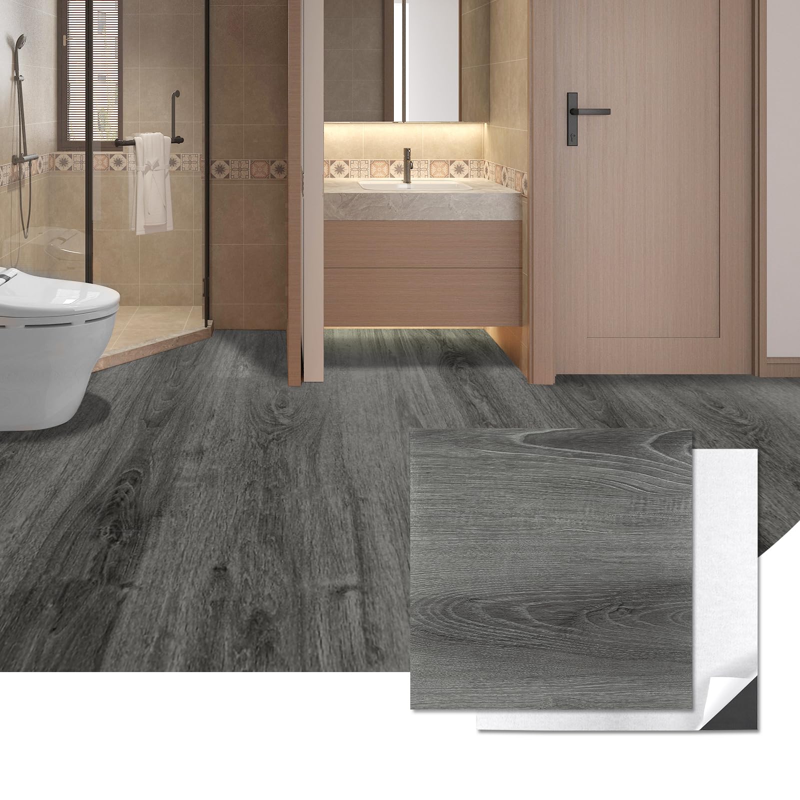 Photo 1 of Art3d Peel and Stick Vinyl Floor Tiles 30-Pack 12 x 12 inch, Self Adhesive Waterproof Flooring Wood Planks for Kitchen, Dining Room, Bedrooms, Cover 30 Sq.Ft, Grey Oak