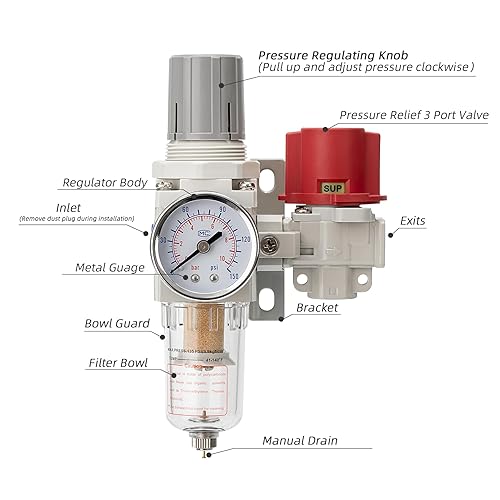 Miniatura 2 de Compresor de aire neumático Filtro Regulador Combo 14" NPT 0-150 PSI,Alivio de presión 3 puertos válvula,Drenaje manual, Elemento de latón de 5