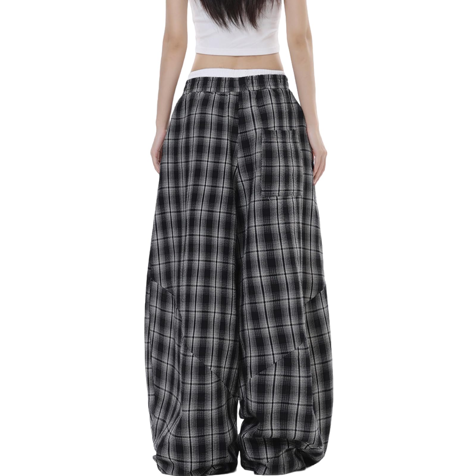 Damen Karo Locker Hose mit weitem Bein Kordelzug Elastische Taille Casual Baggy Trendige Y2K Streetwear mit Taschen