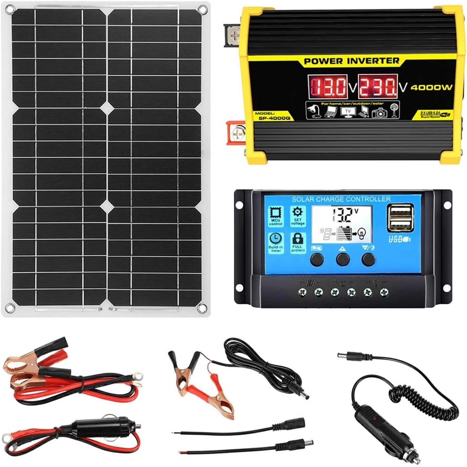 Kit Solaire 400W avec Onduleur Pur Sinus 110V/220V Et Régulateur MPPT 30A – Système Autonome pour Camping-Car, Chalet, Bateau, Secours Électrique(Black,12V-220V)