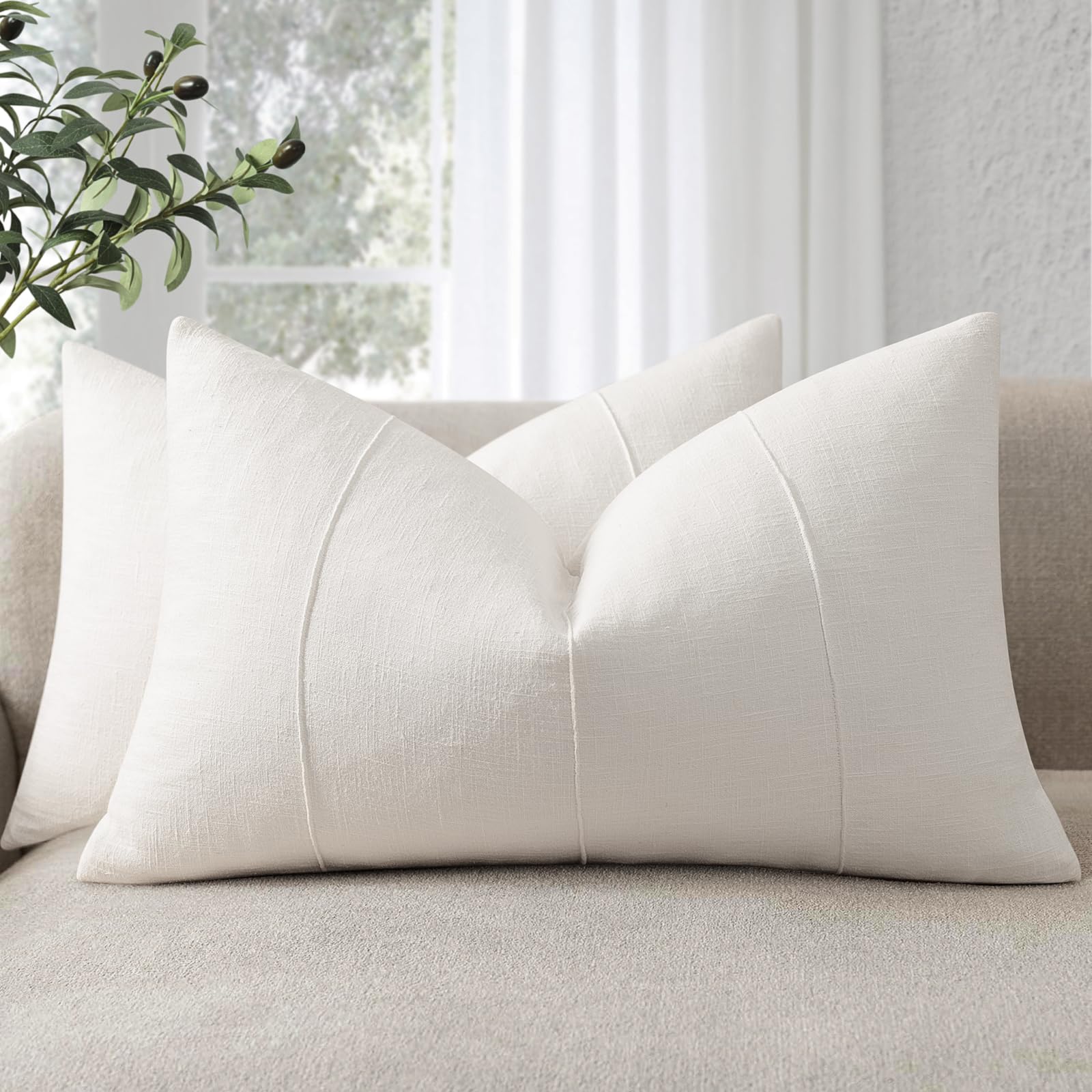 ZWJD Decorative Linen Cushion Covers 40x60 Set of 2 Solid Handcrafted Striped Throw Pillow Covers Soft Modern Farmhouse Neutral Cushion Covers for Sofa Bedroom Living Room Home Decor (Cream Whit)