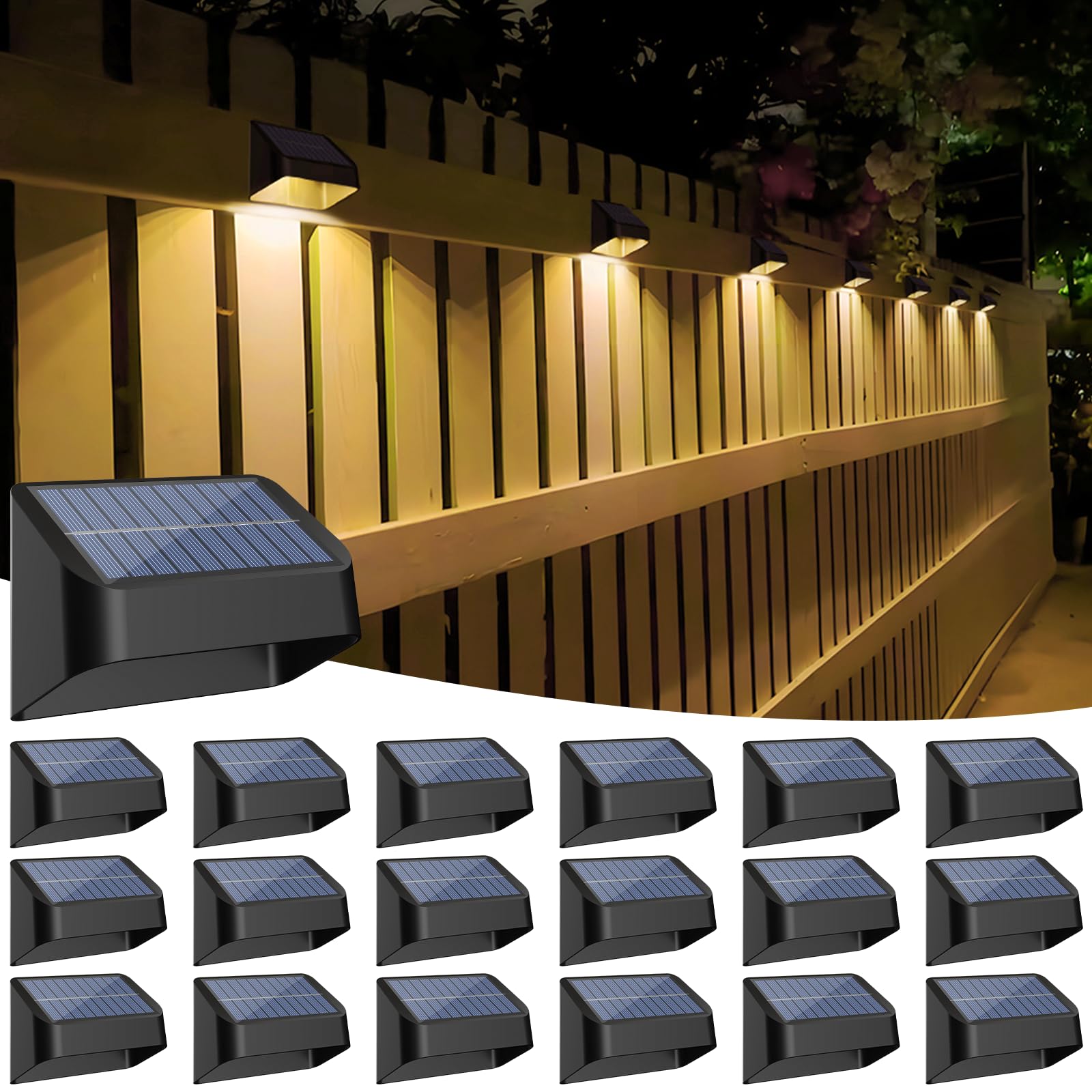 18 Pack Brighter Solar Fence Lights RGB 8 Colors Dusk to Dawn Deck Light Fence Solar Lights Outdoor IP65 Waterproof Solar Outdoor Lights for Step Patio Backyard Railing Wall, Black