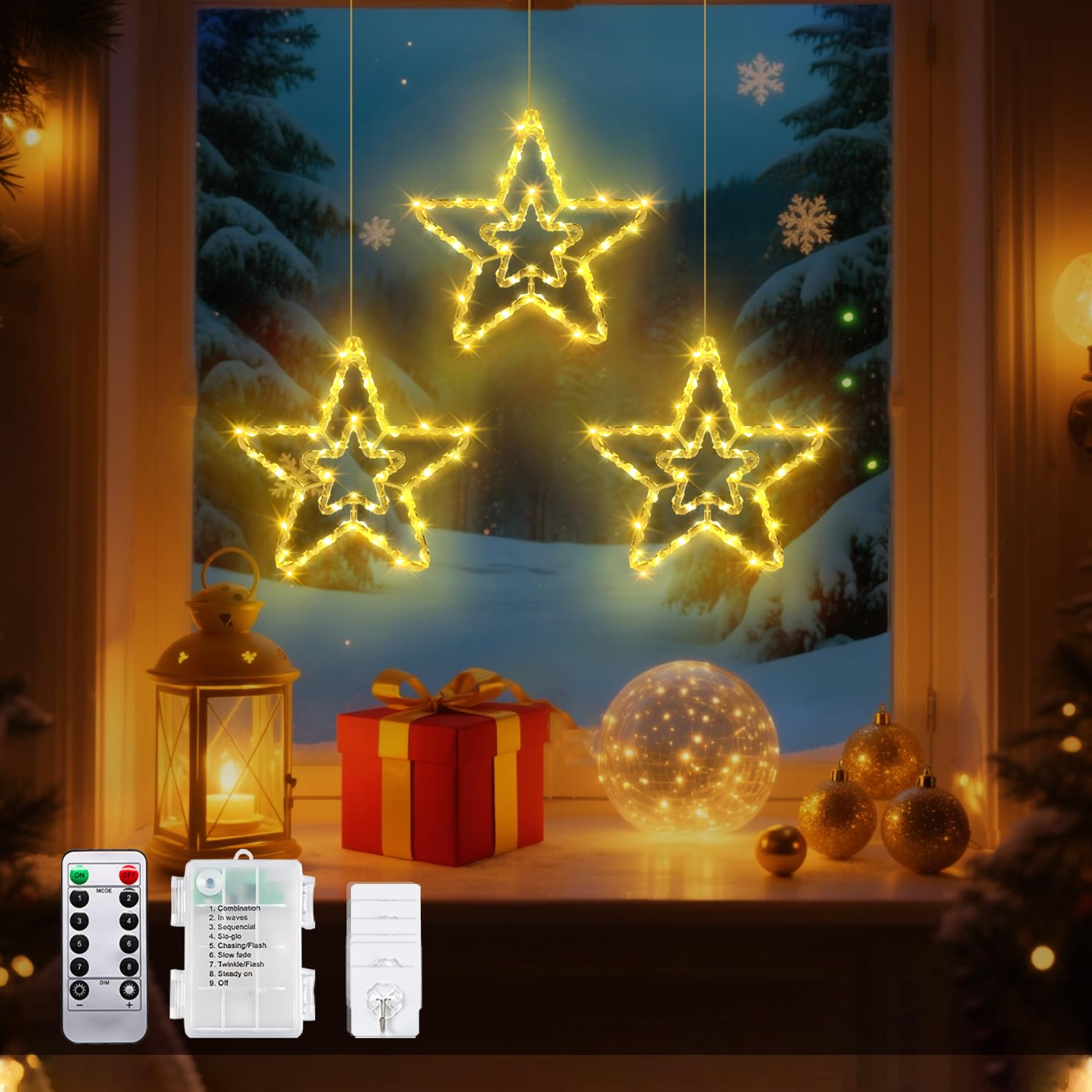 taiyongkang Christmas Window Lights Set of 3 Stars with 40 LED Each, Battery Operated Xmas Decorations with Remote, 8 Modes & Timer, Waterproof Hanging Star Lights for Indoor Outdoor Use