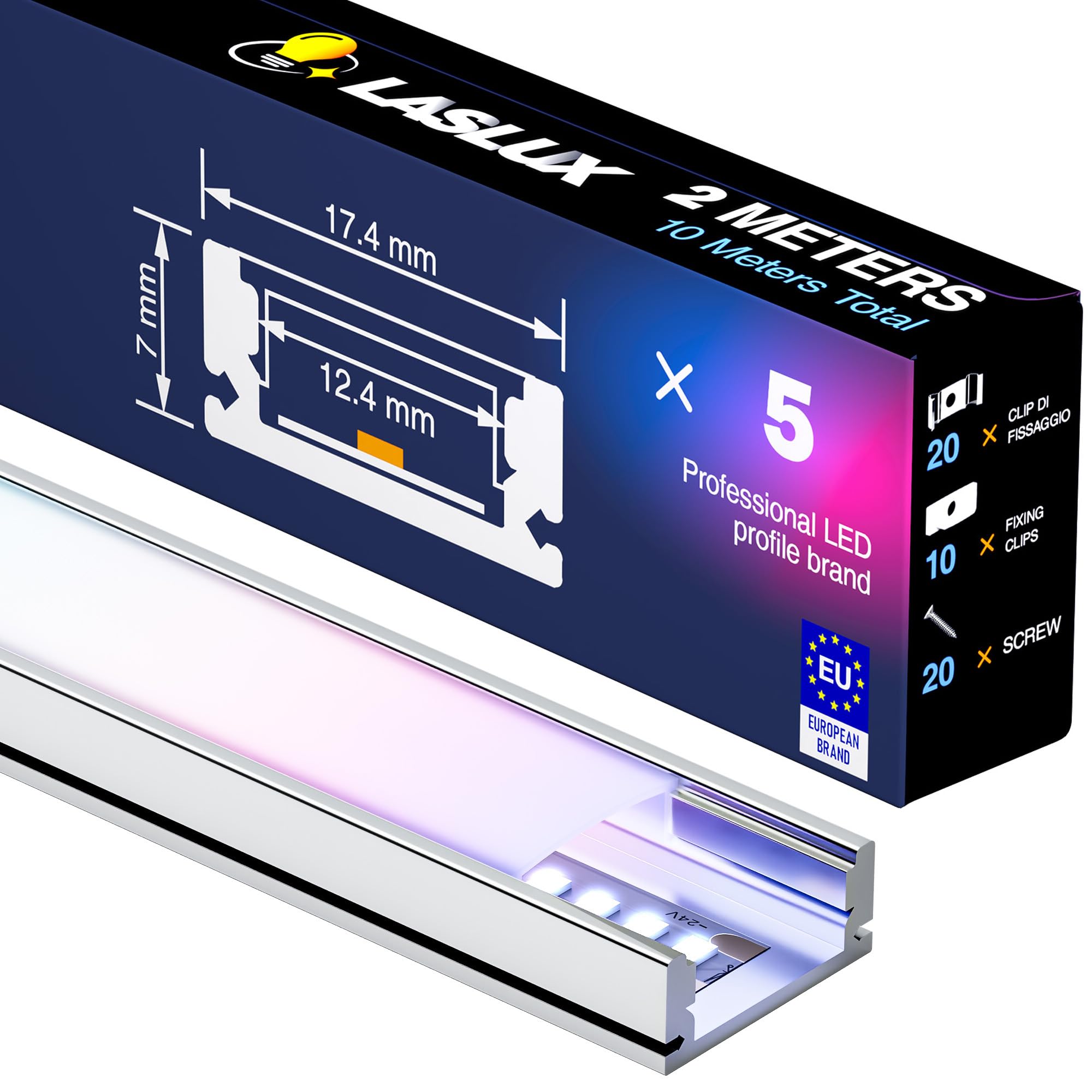 LED Profil 2m×5– Aluminium Schiene 17.4×7mm für LED-Streifen bis 12mm – Alu U-Form Profil mit Diffusor Abdeckung – Aluminiumprofil 2 Meter