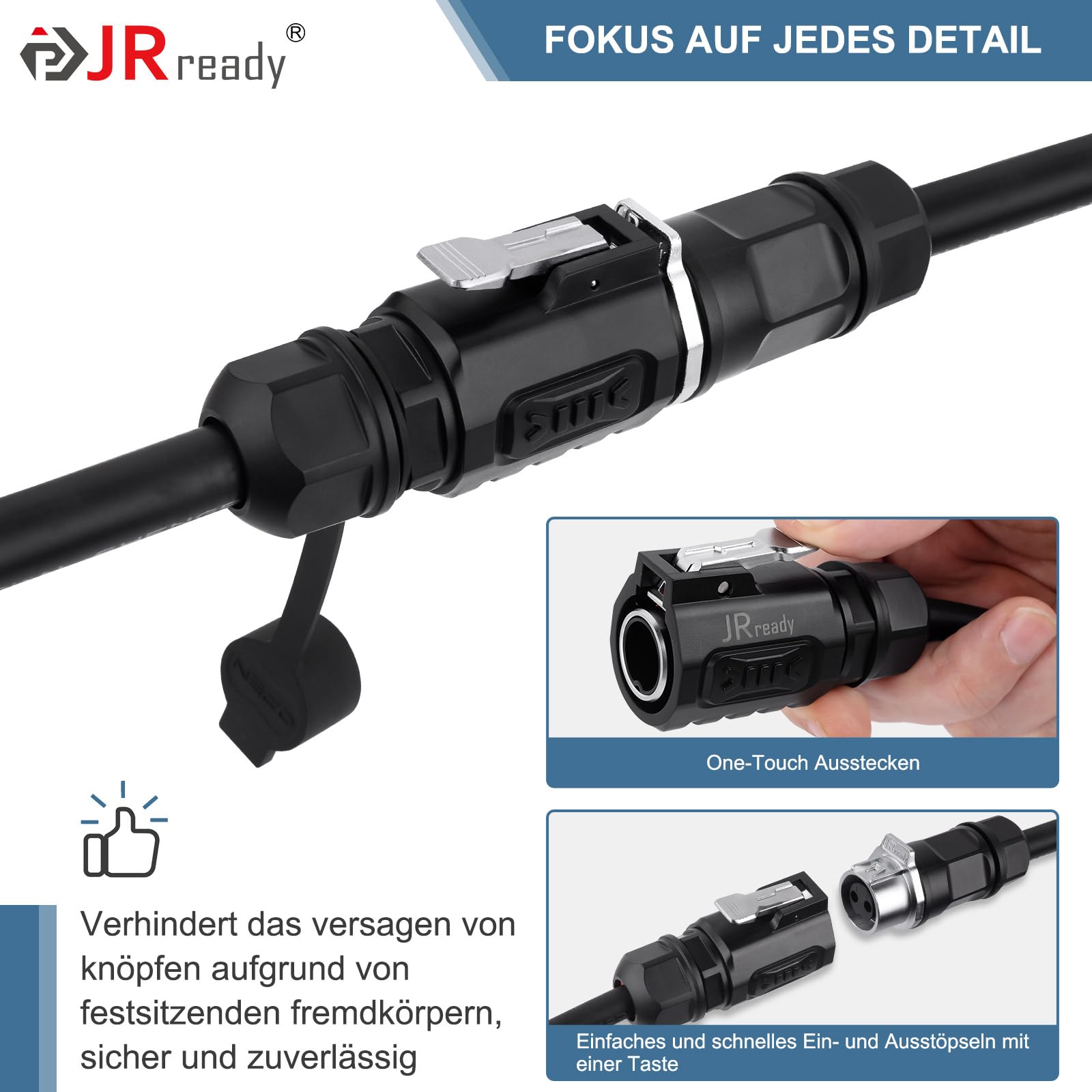 JRready JRSSWCONN CP20 zawiera 2 komplety złączy 2-pin z wtykami męskimi i gniazdami panelowymi, 5 par styków, 2 osłony przeciwpyłowe i narzędzie do wypinania pinów.