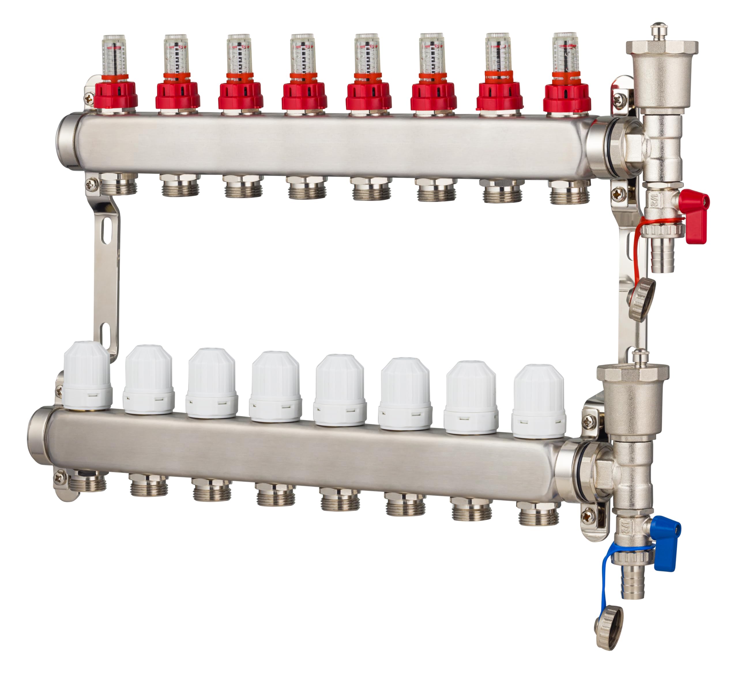 Collecteur plancher chauffant en inox 8 circuits avec débitmètres – Entraxe 50 mm – Alimentations femelle 1" (26x34) – Sorties mâle 3/4 (20x27) Eurocône – Acier inoxydable – NOYON & THIEBAULT