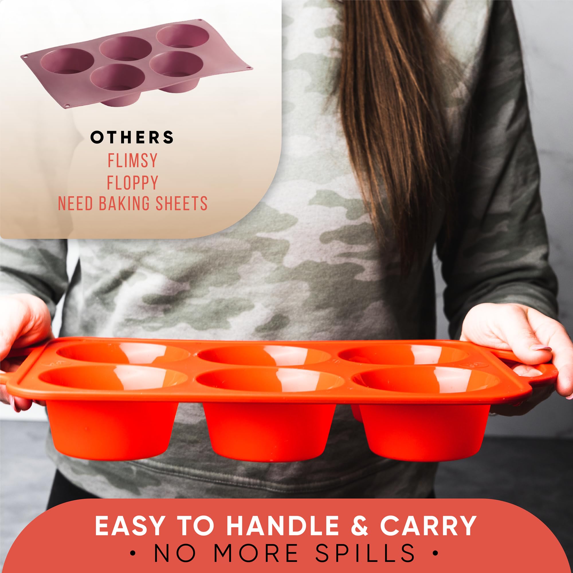 BAKE BOSS Molde grande para magdalenas con asas, 6 tazas extragrandes para cupcakes, moldes de silicona para hornear, huevos y cupcakes, moldes de silicona antiadherentes, aptos para lavavajillas y