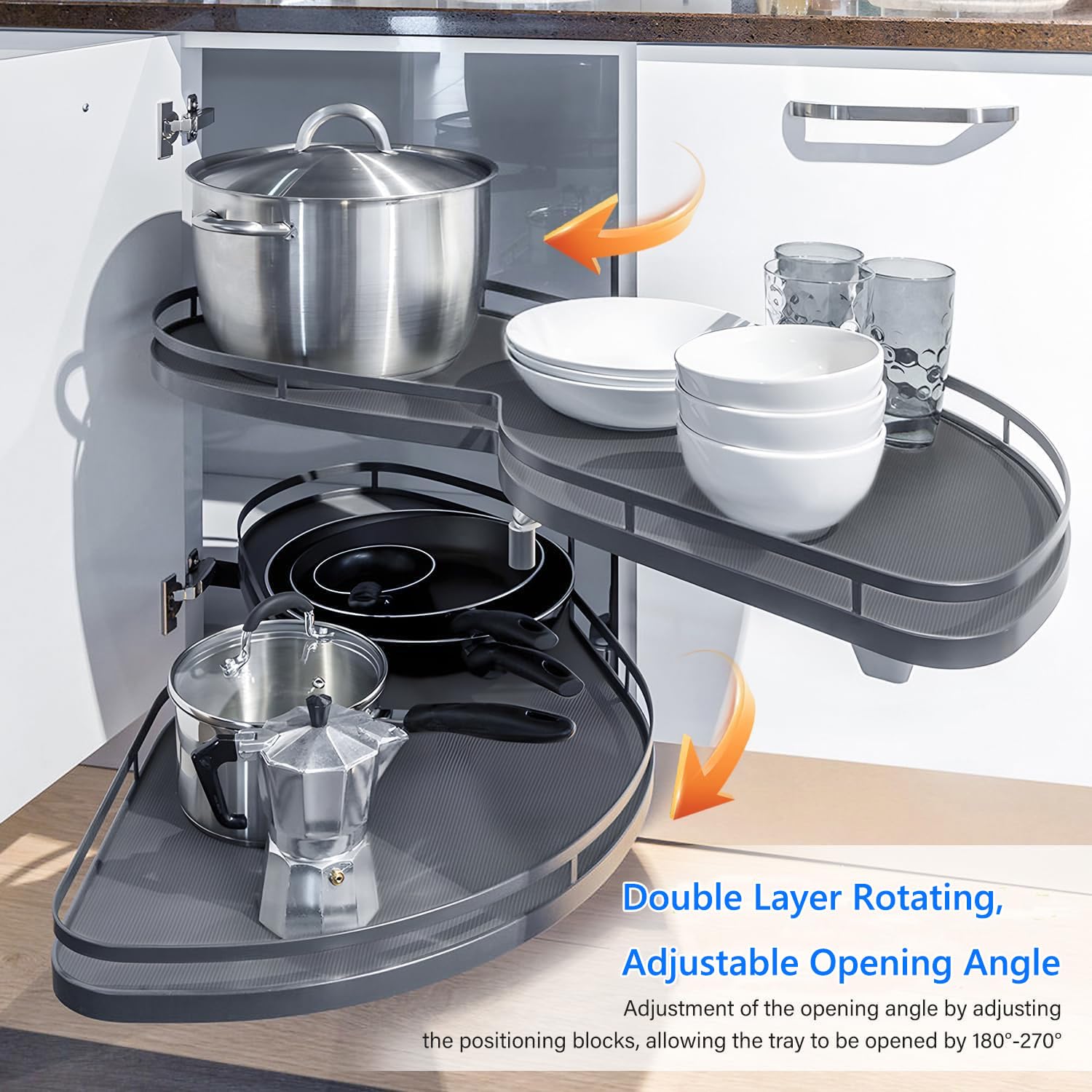 Rangement Pivotant Meuble Angle Cuisine Carrousel d'angle de Organisateur Coulissant d'angle Aveugle Rangement Coulissant, Rangement Placard Cuisine Meuble Angle Tiroir(sans Bande LED)