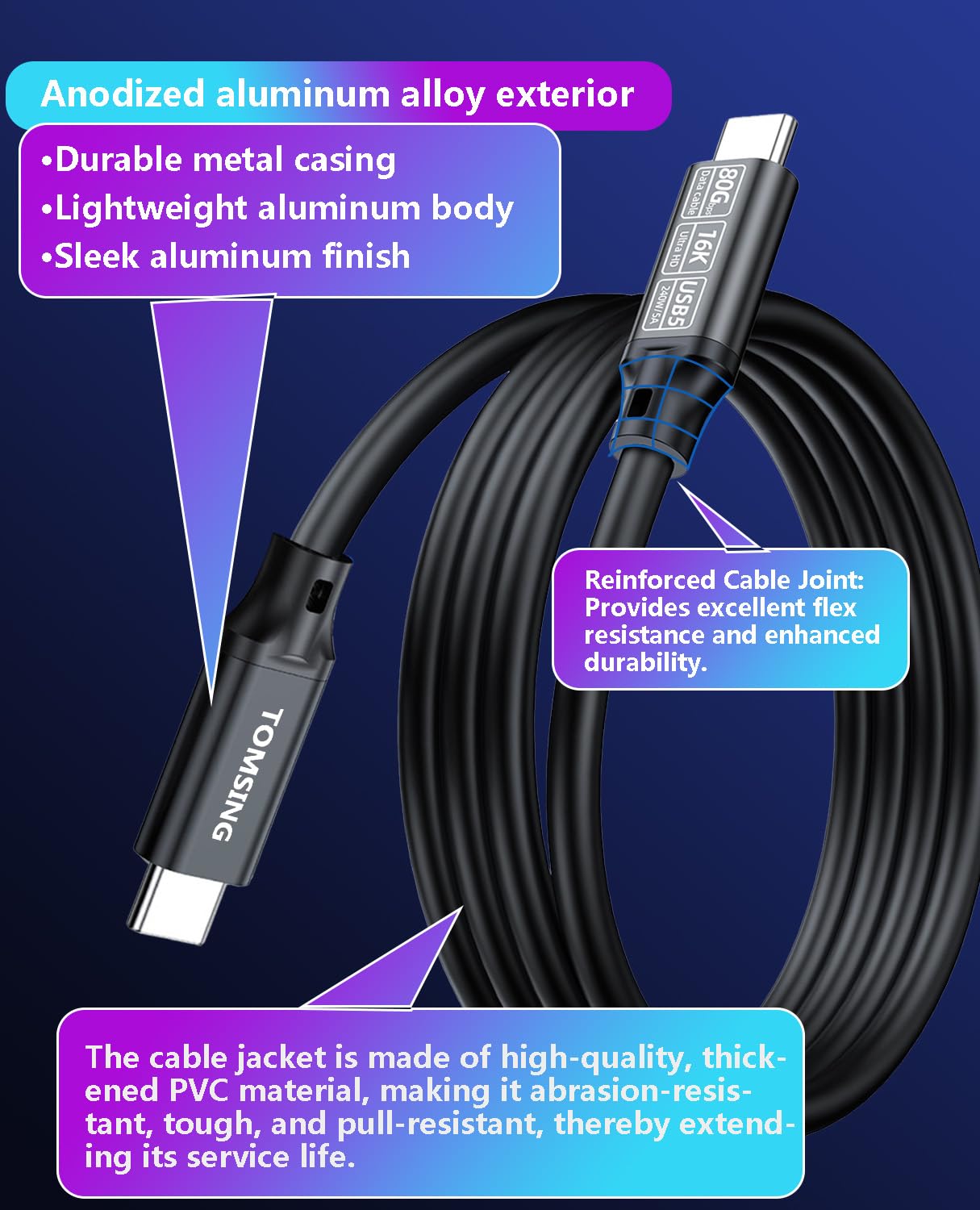 Cavo di ricarica rapida da USB C a USB C, 240 W, 2 m, USB 5 80 Gbps ad alta velocità, video HD 16K, nylon intrecciato, cavo di tipo C da maschio a maschio per laptop, smartphone, monitor (nero