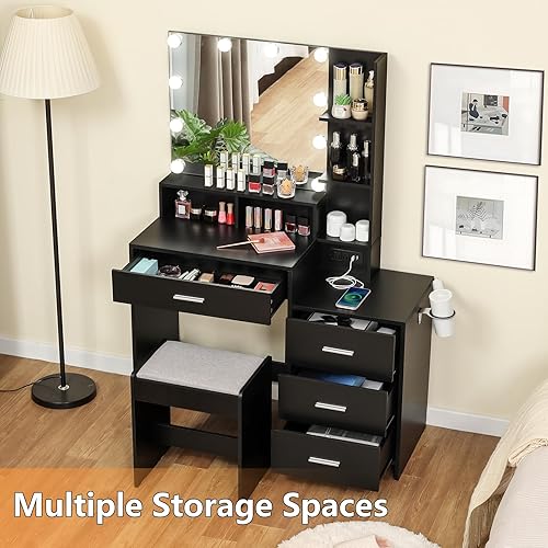 Miniatura 2 de usikey Juego de tocador grande con espejo iluminado y estación de carga, tocador de maquillaje con 4 estantes de almacenamiento y 4 cajones,