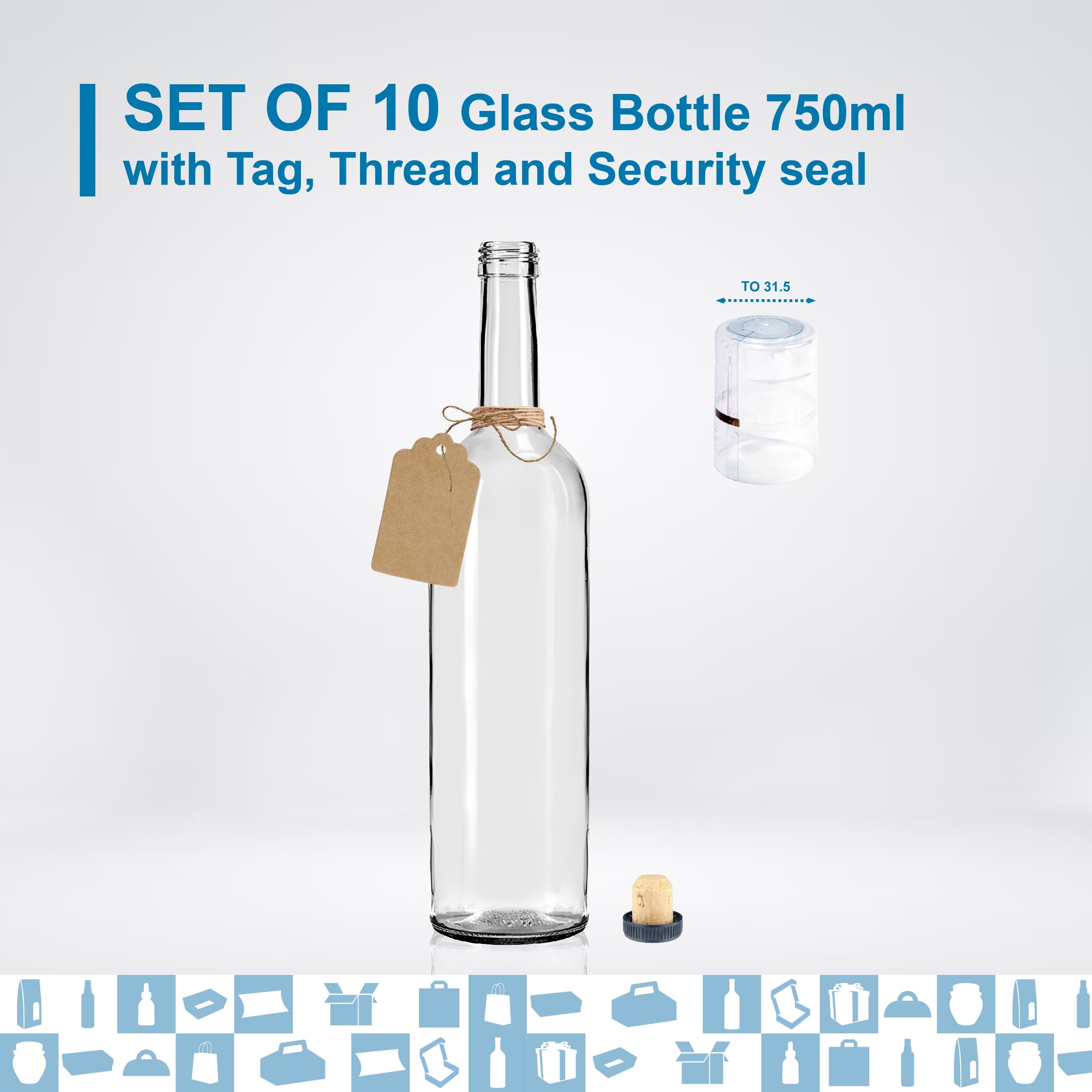 Espirito Rebelde 10 bottiglie di vino in vetro da 750 ml, con tappo incapsulato argentato, 10 sigilli + 10 etichette Kraft + spago - ideali per alcol e altre bevande, souvenir e cocktail