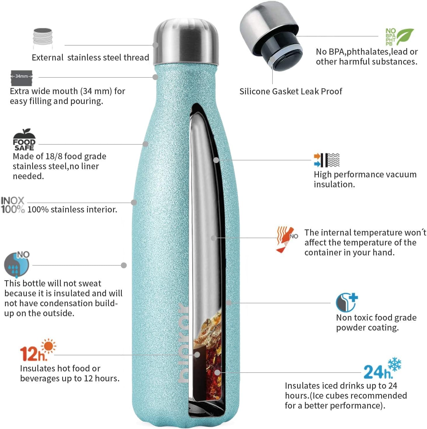 BJPKPK 17oz Insulated Water Bottles Stainless Steel,Sports Water Bottles Keep Cold for 24 Hours and Hot for 12 Hours,BPA Free,Glitter Ice Blue - Image 2