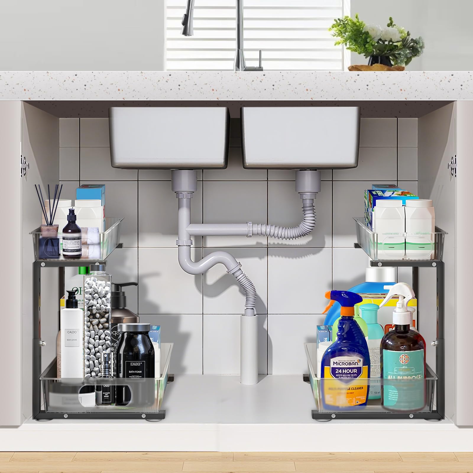 Confezione da 2 organizer da cucina a 2 ripiani estraibili sotto il lavandino, per il piano di lavoro del bagno