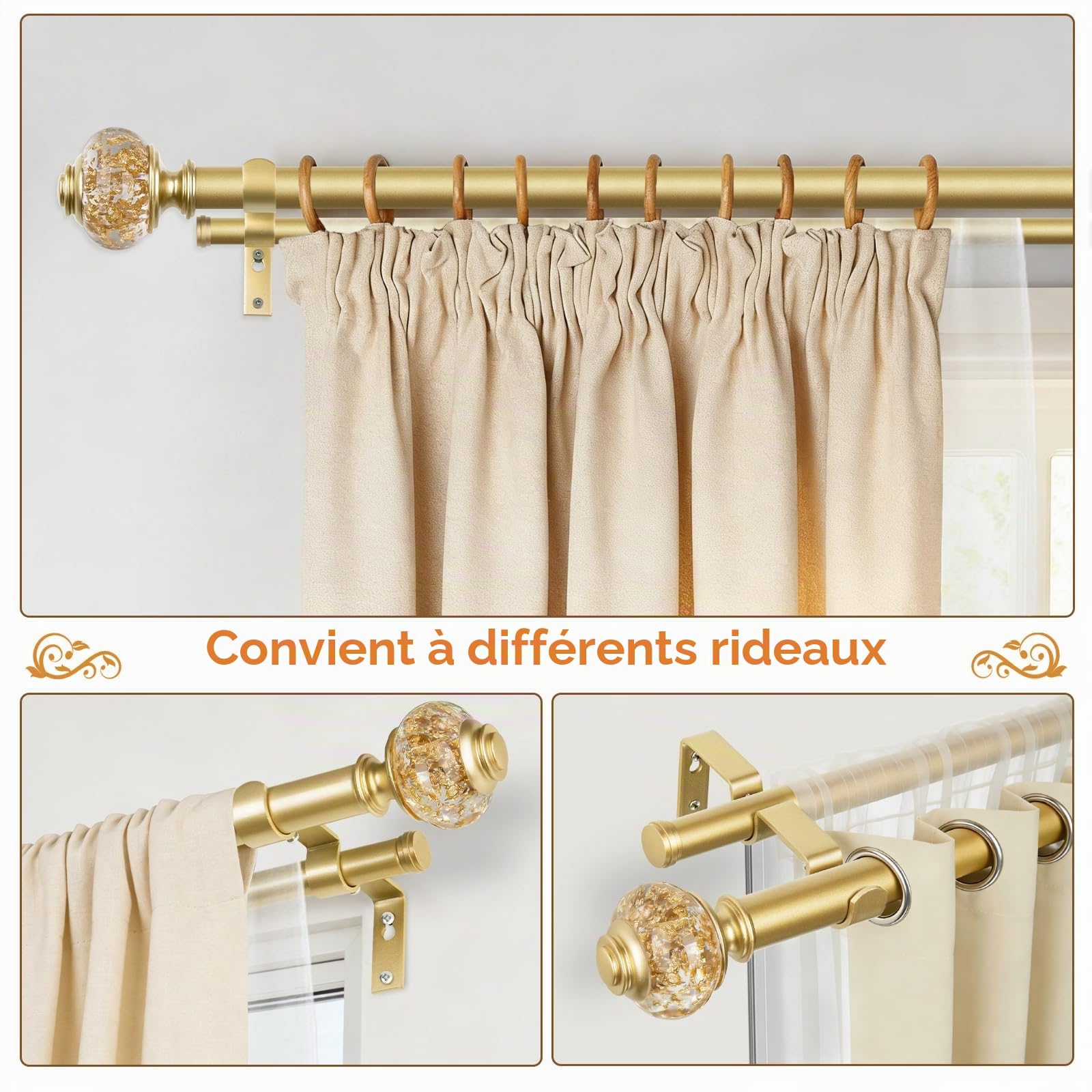 USFOOK Tringle à rideaux double télescopique de 2,5 cm à 1,8 m – Tringle à rideaux double télescopique avec embouts translucides de luxe – Doré