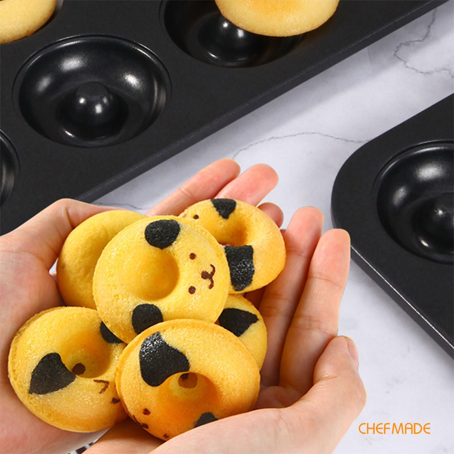 CHEFMADE Donut Pan, Nonstick 20 Cavity Mini Ring Doughnut Pan for Baking Donuts Bagels (Black)
