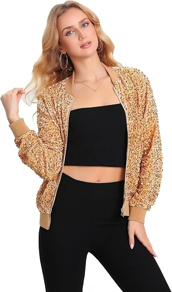 Womens Sequin Jacket Long Sleeve Blazer Glitter Front Zip With Pockets Casual Sparkly Party Velvet Bomber